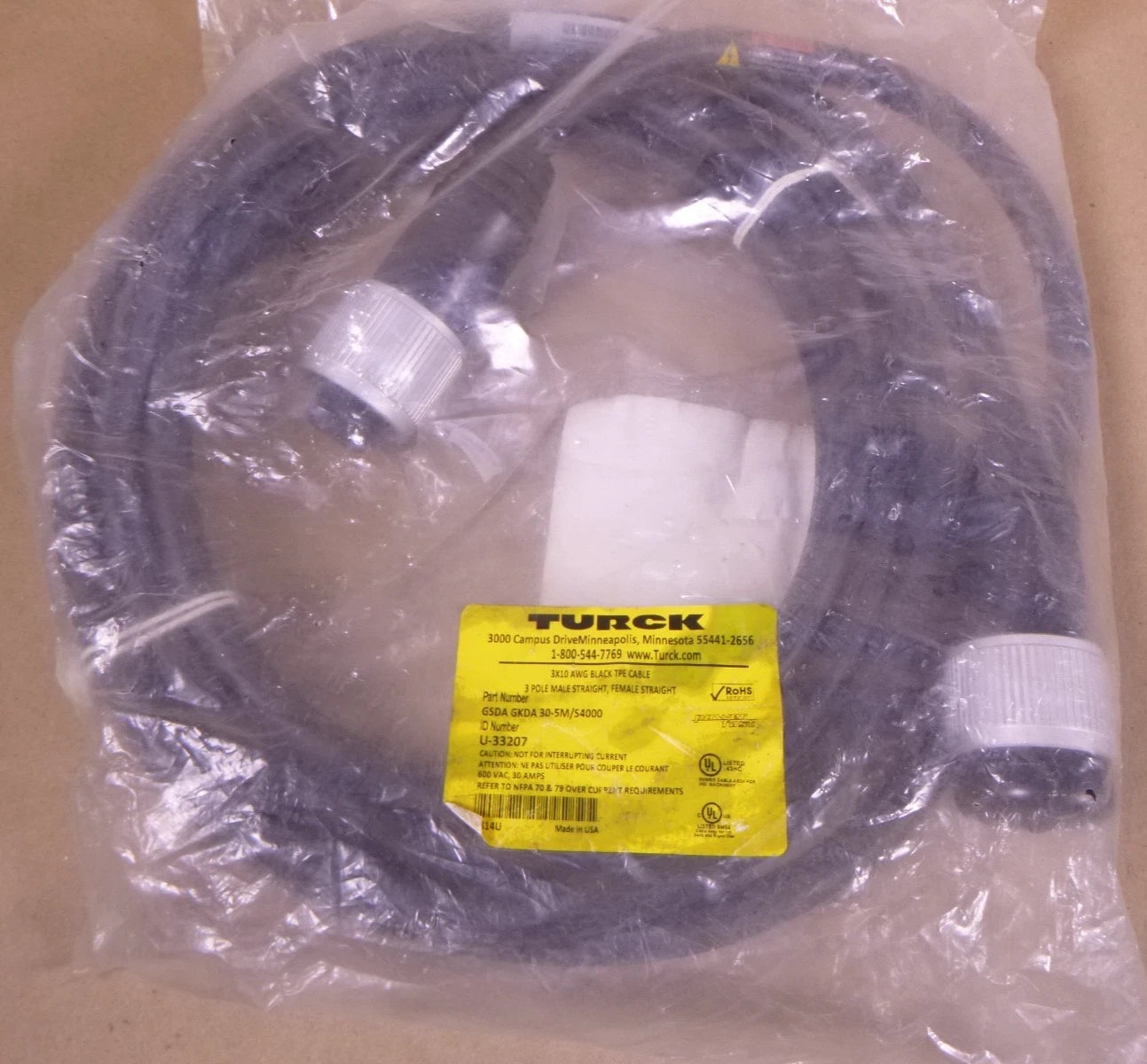 TURCK GSDA GKDA 30-5M/S4000 3x10AWG Black TPE Cable 3 Pole M F , U-33207 | Electrical MRO Replacement Parts & Components and Commercial Electrical Supplies Company