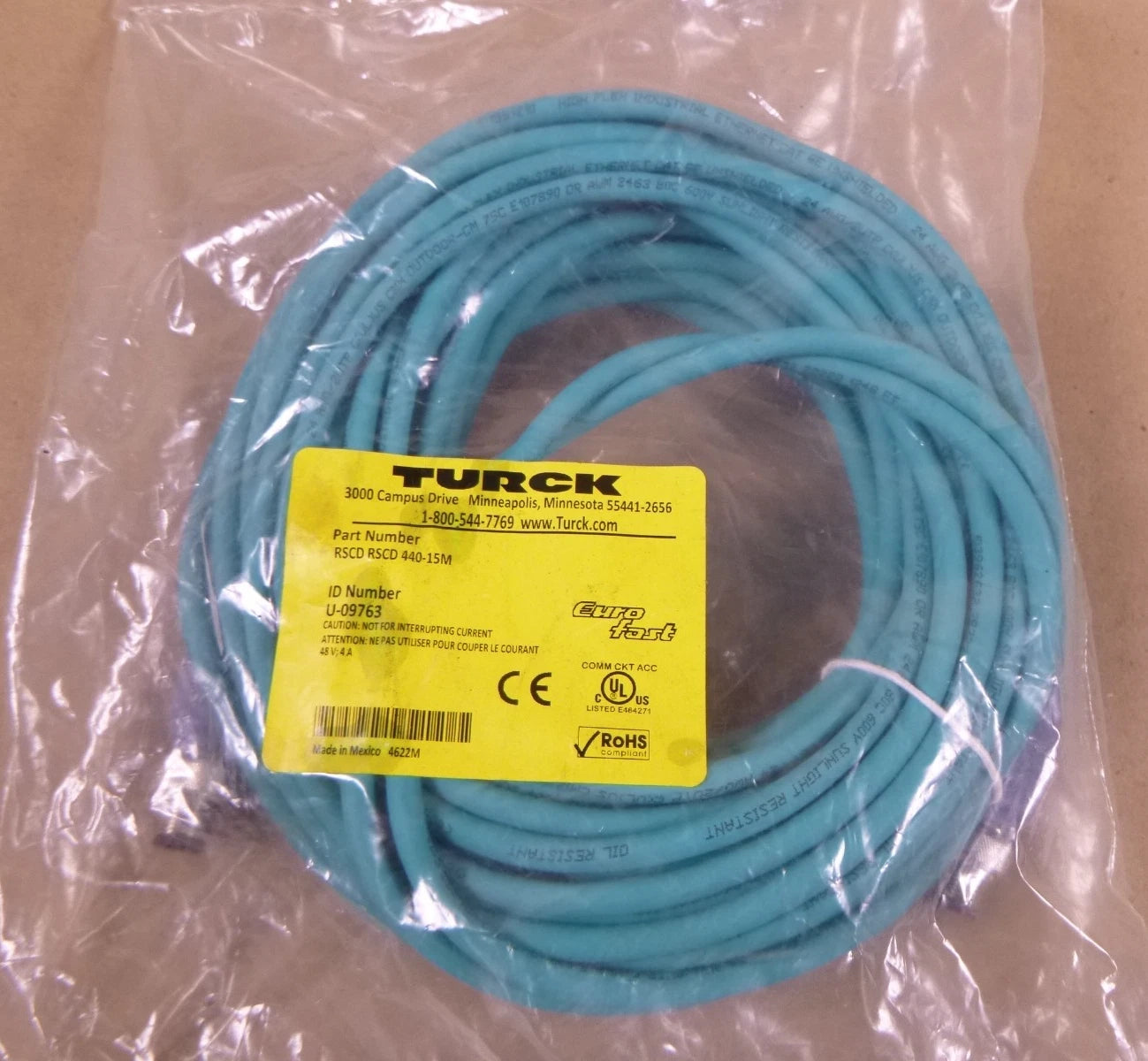 TURCK RSCD RSCD 440-15M, 4-Pin Double End ETHERNET CORDSET, U-09763 , 15M | Electrical MRO Replacement Parts & Components and Commercial Electrical Supplies Company