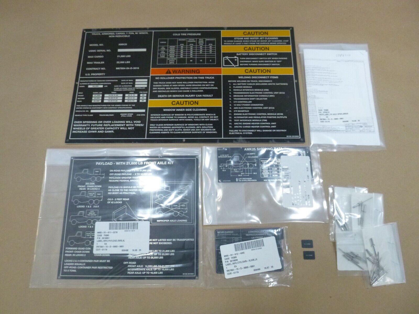 MTVR AMK25 MK25 CARGO TRUCK DECAL LABEL KIT AXLE PAYLOAD , 9905-01-611-5307 | Genuine FMTV Replacement Parts, LMTV Parts For Sale and Military Surplus Medium Tactical Vehicle Parts & Components