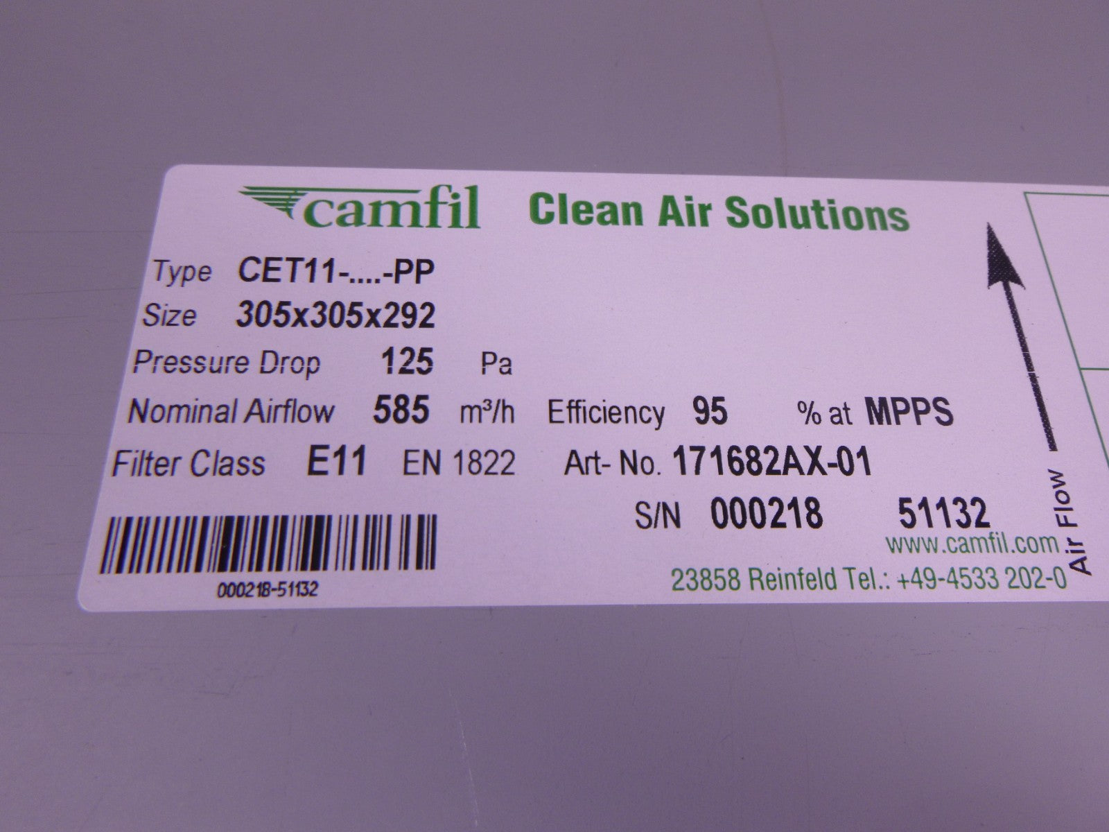 Camfil CET11 305x305x292 Clean Air Solutions Absolute CE Filter 125Pa 585m3/h | Industrial MRO Replacement Parts, Manufacturing Machine Parts & Components, Heavy Equipment Parts Supplier