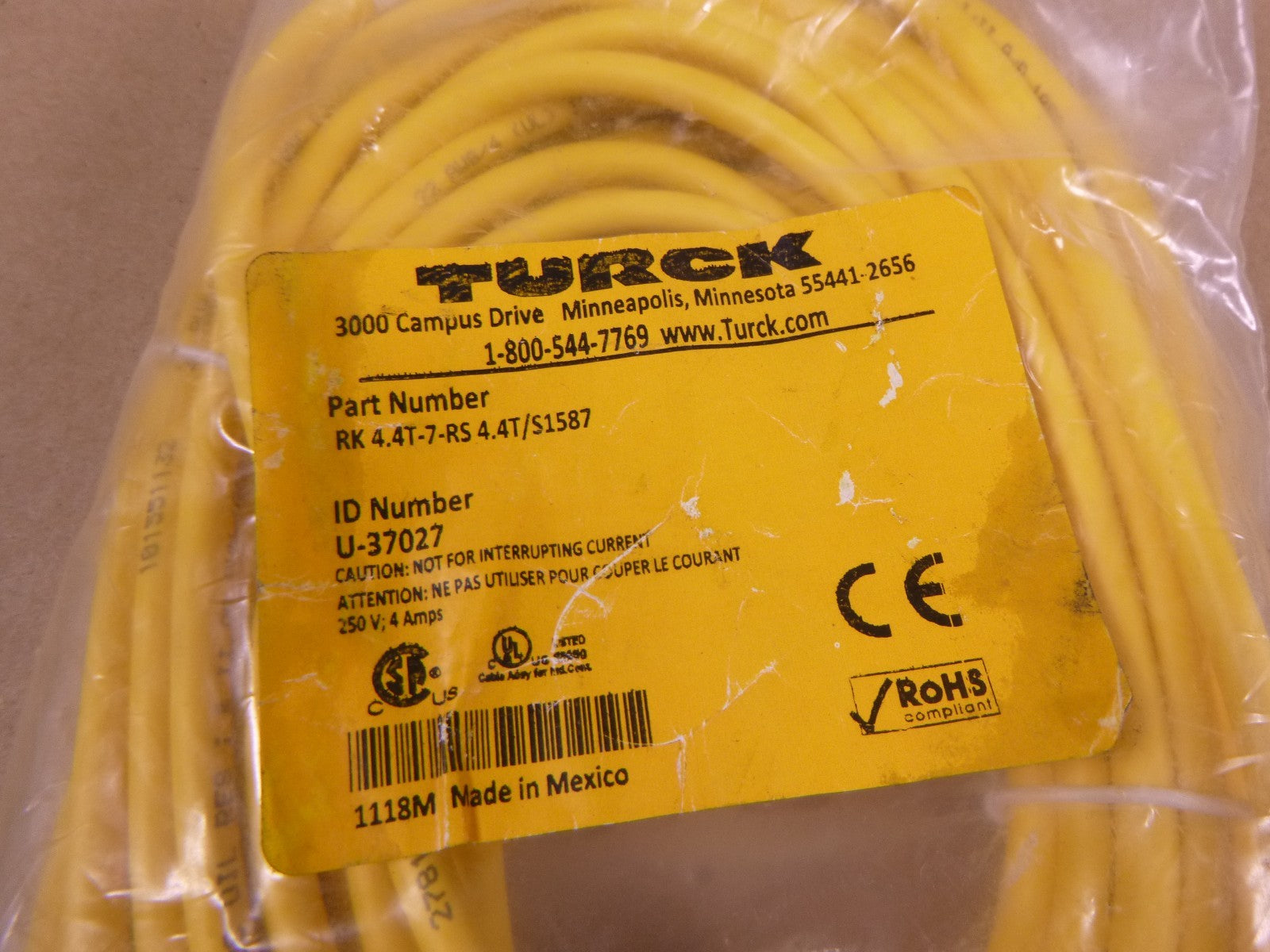 Turck RK 4.4T-7-RS 4.4T/S1587 M12 M/F Straight 4-Pin Cable 7M , U-37027 | Electrical MRO Replacement Parts & Components and Commercial Electrical Supplies Company