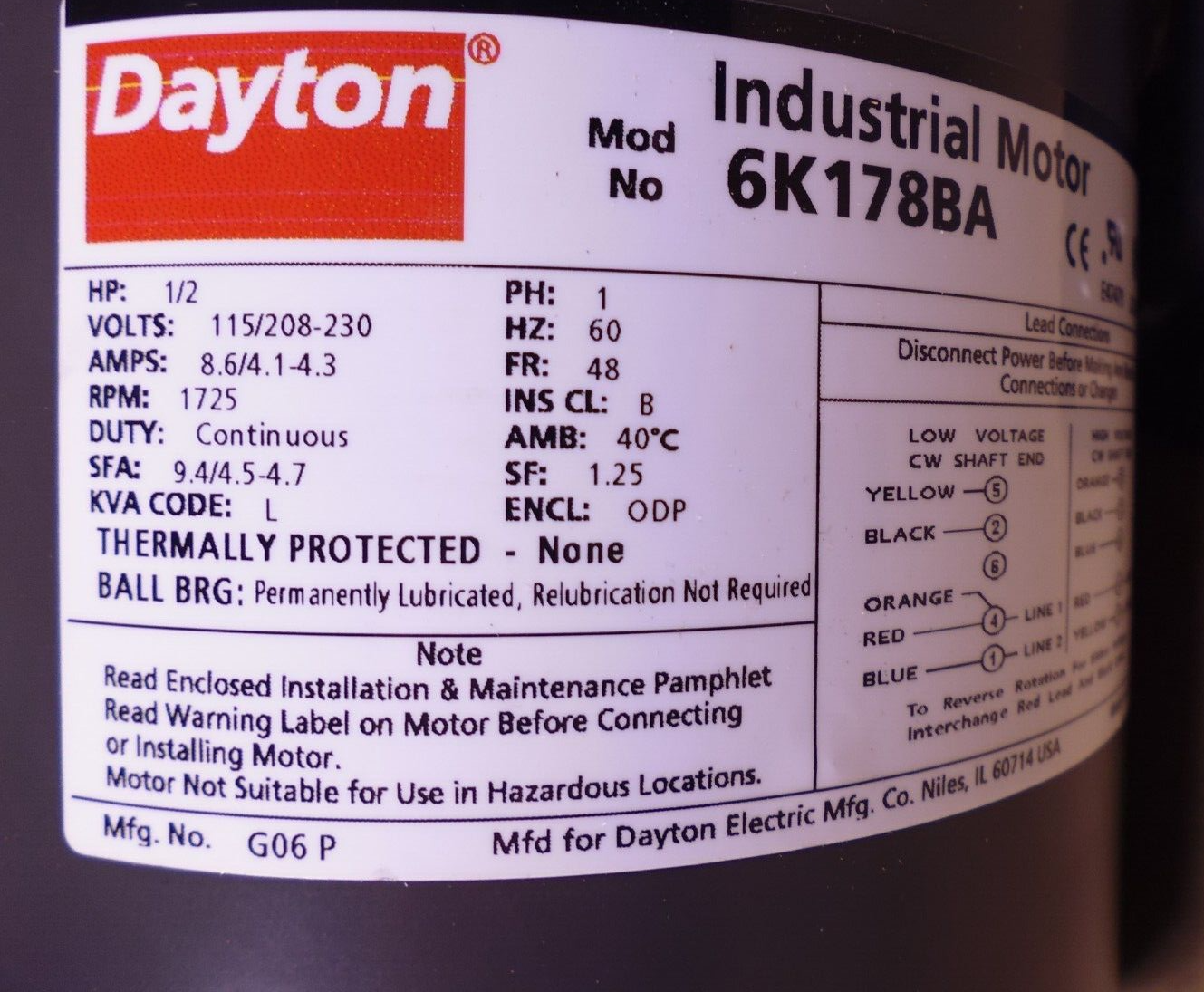 Dayton 1/2HP General Purpose Motor 1725RPM , 48 FR , 1PH , 115/208-230V , 1.25SF | Industrial Electric Motors, Pumps & Parts
