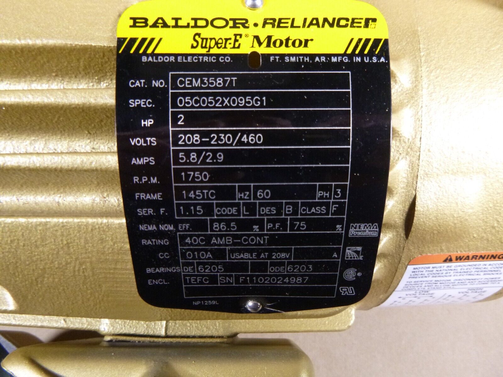 Baldor CEM3587T Electric Motor 2 HP 1750 145TC TEFC 230V 460V 3 PH W/ Rainshield | Industrial Electric Motors, Pumps & Parts