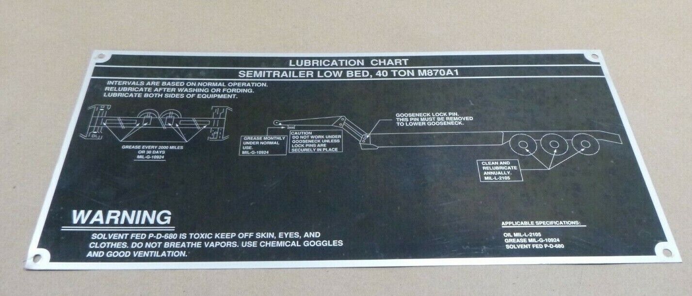 40 TON M870A1 SEMITRAILER LOW BED LUBCRICATION CHART INSTRUCTION PLATE 13.5X6.25 | Replacement Truck Parts, Trailer Accessories, Automobile Supplies, Car Parts & Accessories