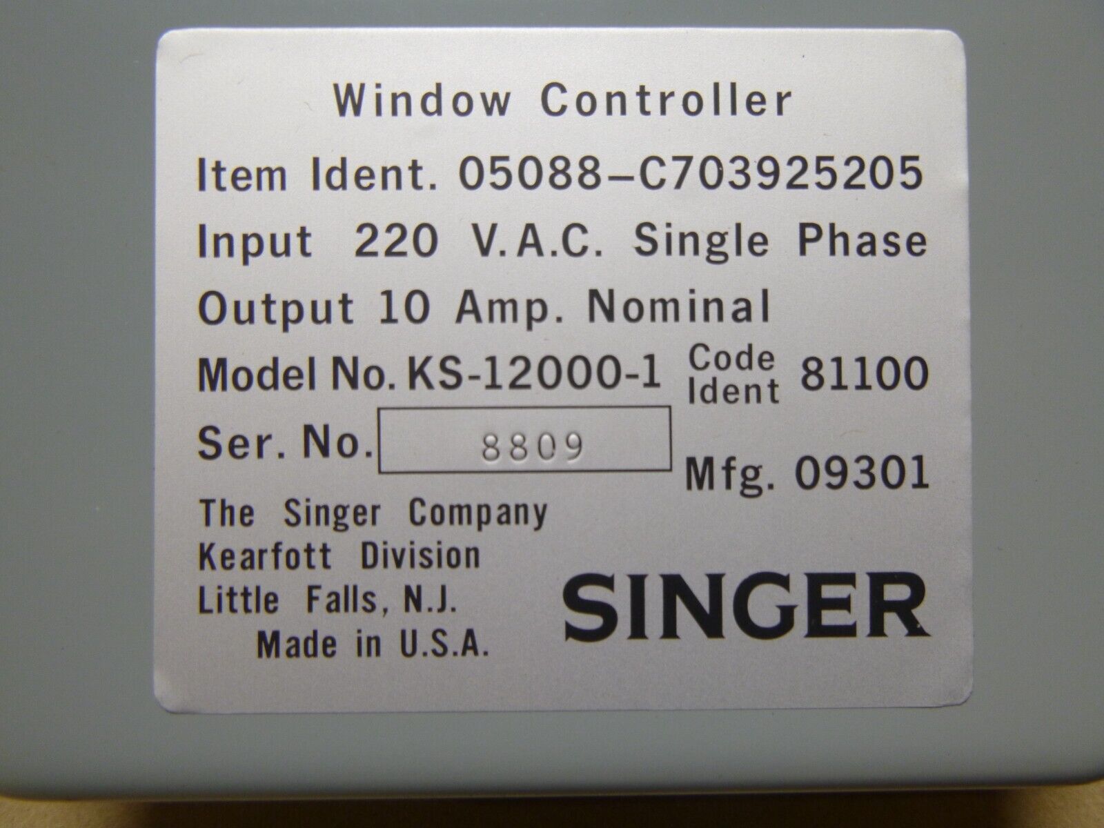 USGI Singer KS-12000-1 Heated Window Controller 220 Vac Single Phase 10 Amp | Electrical MRO Replacement Parts & Components and Commercial Electrical Supplies Company