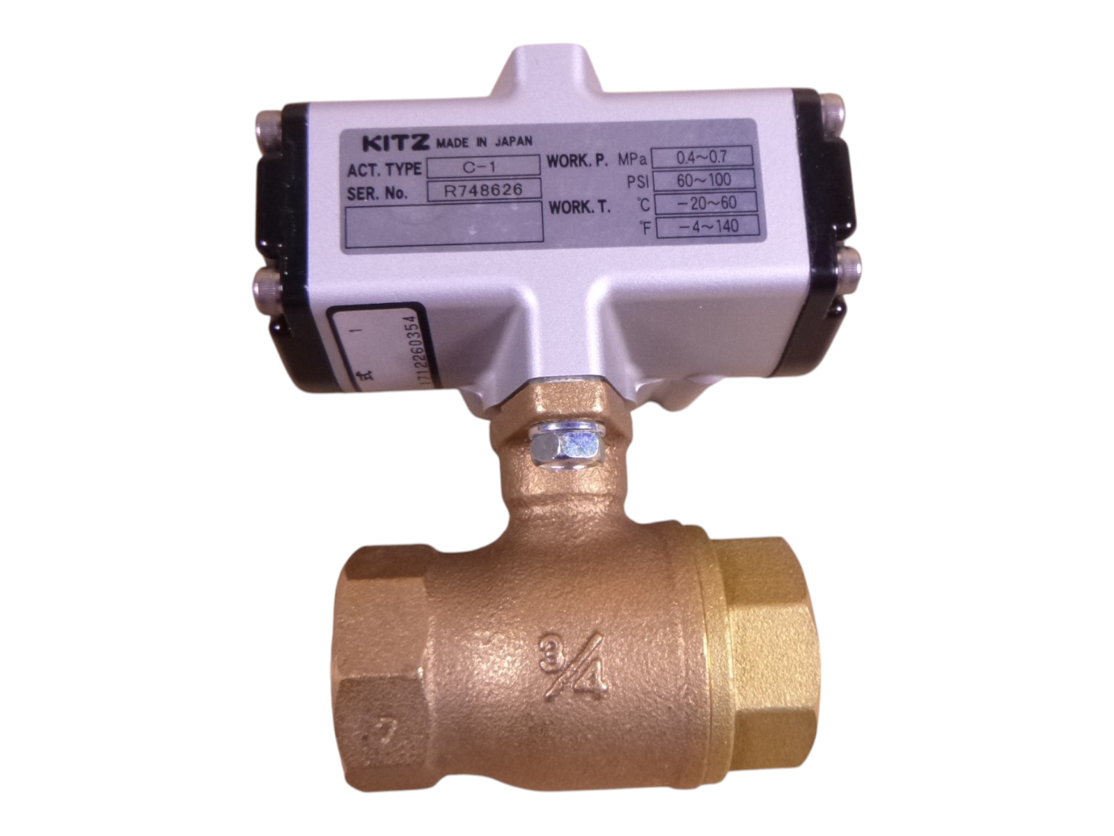 Kitz C-TE C-1 Pneumatic Actuator 3/4" 2-Way Ball Valve 60-100PSI 0.4-0.7MPa