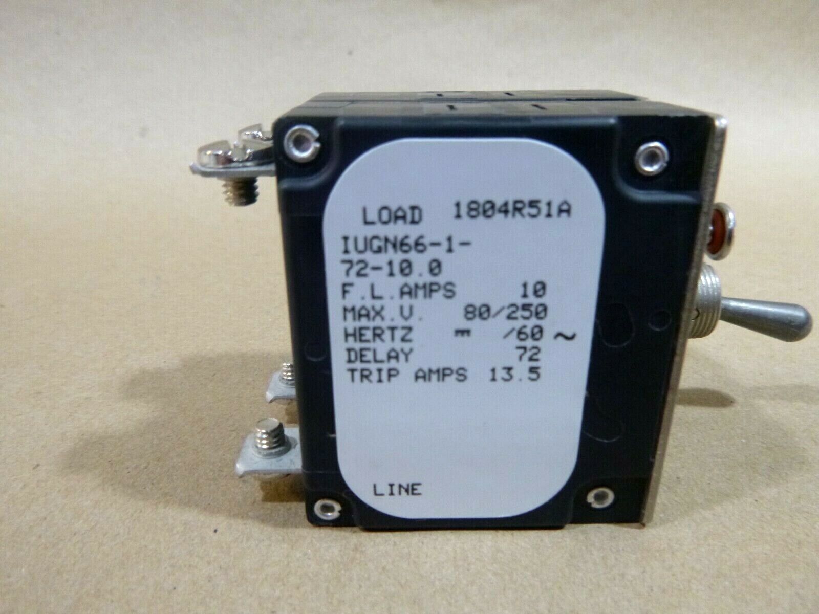 Airpax IUGN66-1-72-10.0 Toggle Circuit Breaker 10A Magnetic / Hydraulic Delay | Electrical MRO Replacement Parts & Components and Commercial Electrical Supplies Company