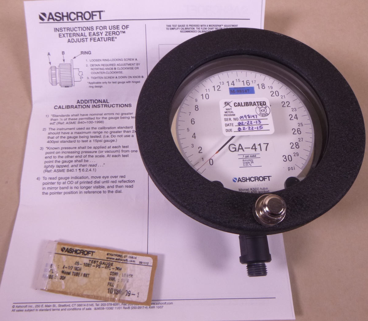 ASHCROFT Test Pressure Gauge GA-417, .1 psi subd , 0 to 30 psi, 45-1082PS