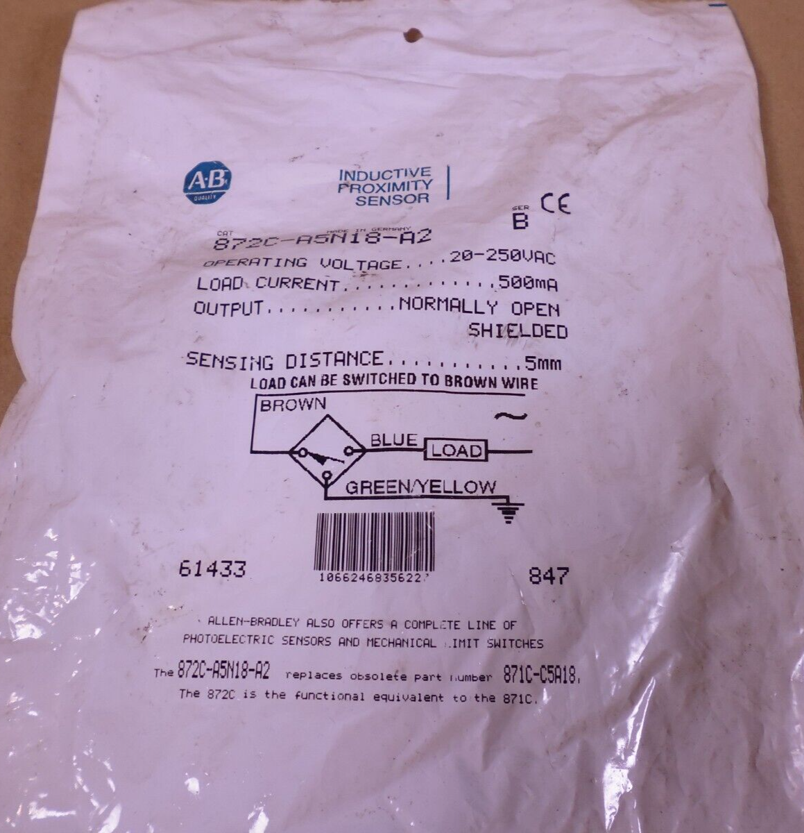 SEALED OEM Allen-Bradley 20-250VAC Inductive Proximity Sensor 872C-A5N18-A2 | Electrical MRO Replacement Parts & Components and Commercial Electrical Supplies Company