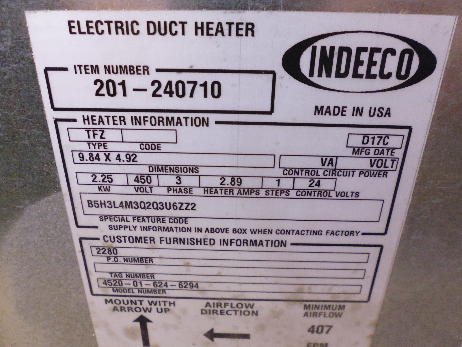 Indeeco 201-240710 Electric Duct Heater 2.25kw 450V 3PH , 407FPM Min Airflow | Industrial MRO Replacement Parts, Manufacturing Machine Parts & Components, Heavy Equipment Parts Supplier