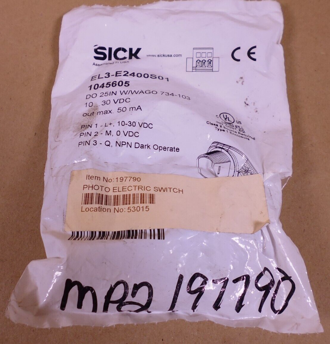 SICK EL3-E2400S01 Photoelectric Switch Sensor 1045605 , DO 25IN W/ Wago 734-103 | Electrical MRO Replacement Parts & Components and Commercial Electrical Supplies Company