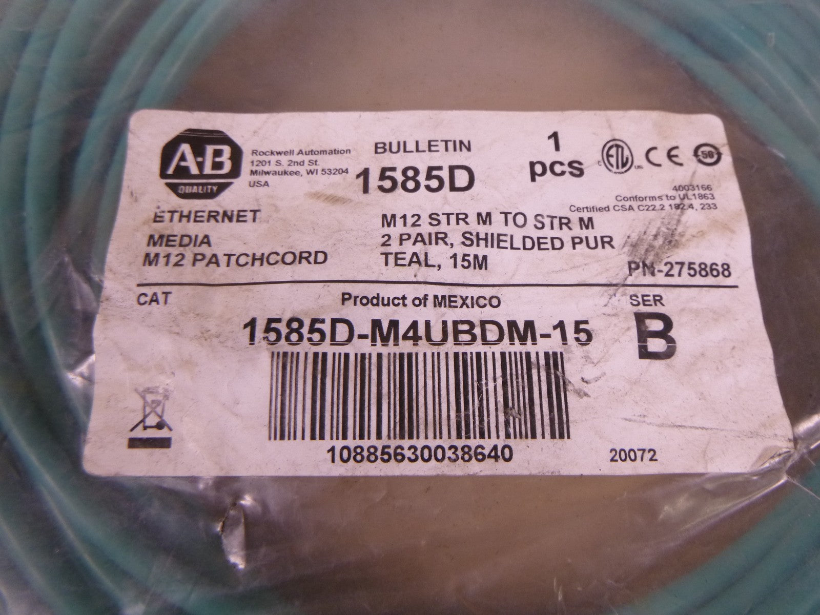 Allen Bradley 1585D-M4UBDM-15 Ethernet Cable 4-Pin Ser B 1585D M12 Patchcord | Electrical MRO Replacement Parts & Components and Commercial Electrical Supplies Company