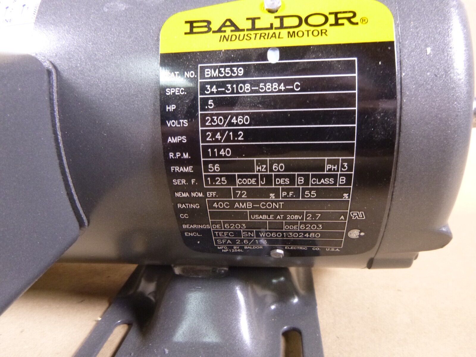 New BM3539 Baldor Brake Motor 1/2 hp, 1200 rpm, 3 Ph, 230/460 V, 56 Frame, TEFC | Industrial Electric Motors, Pumps & Parts
