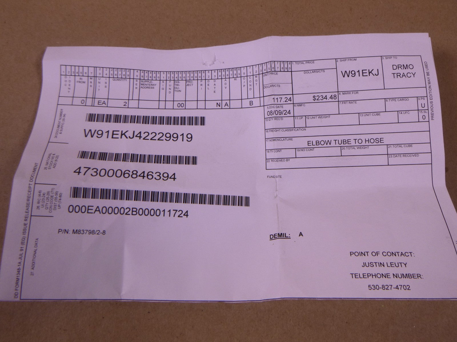 (2x) M83798/2-8 Tube To Hose Fitting , 4730-00-684-6394 | Industrial MRO Replacement Parts, Manufacturing Machine Parts & Components, Heavy Equipment Parts Supplier