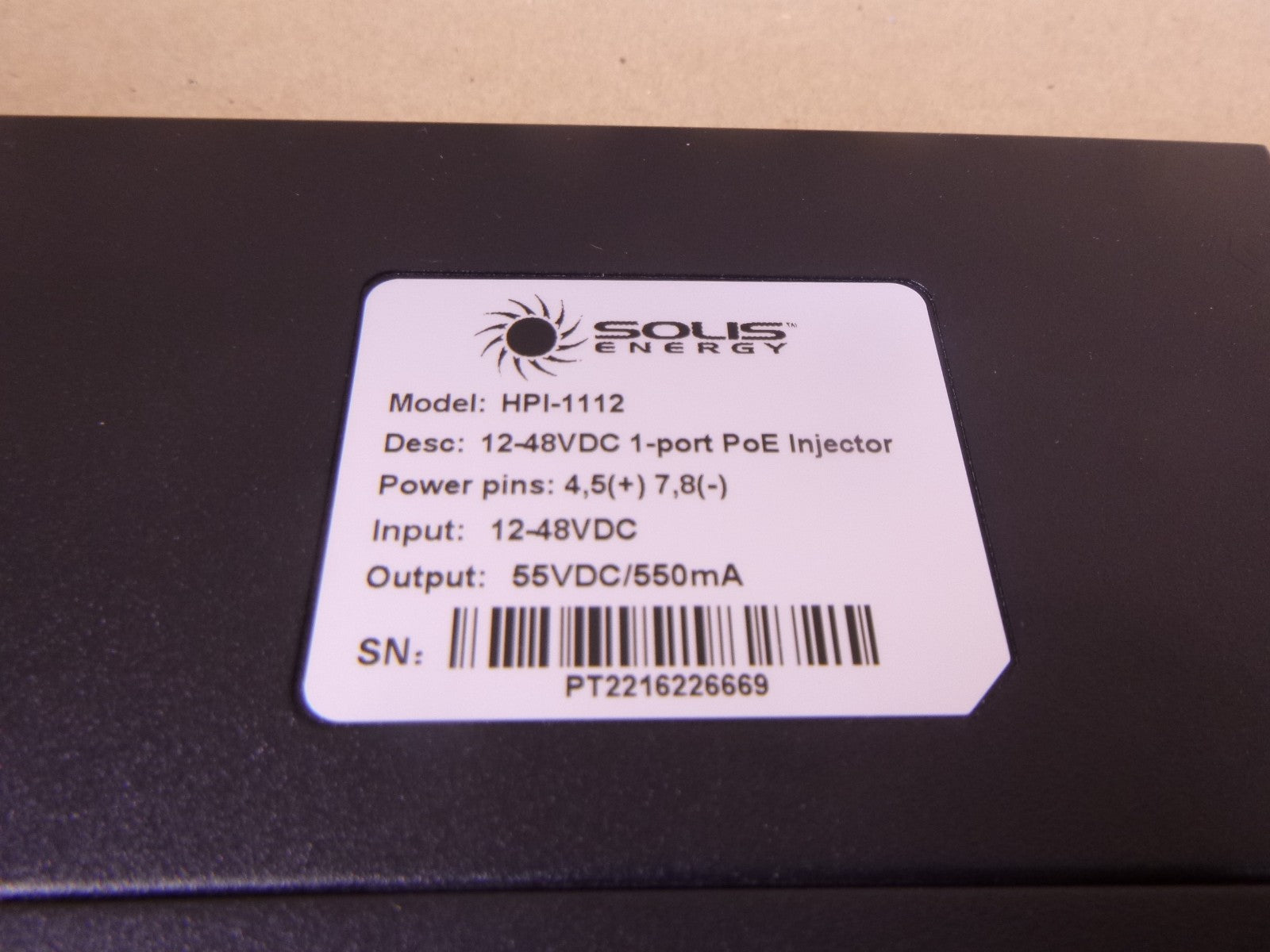Solis Energy HPI-1112 12-48VDC 1-port PoE Injector | Electrical MRO Replacement Parts & Components and Commercial Electrical Supplies Company