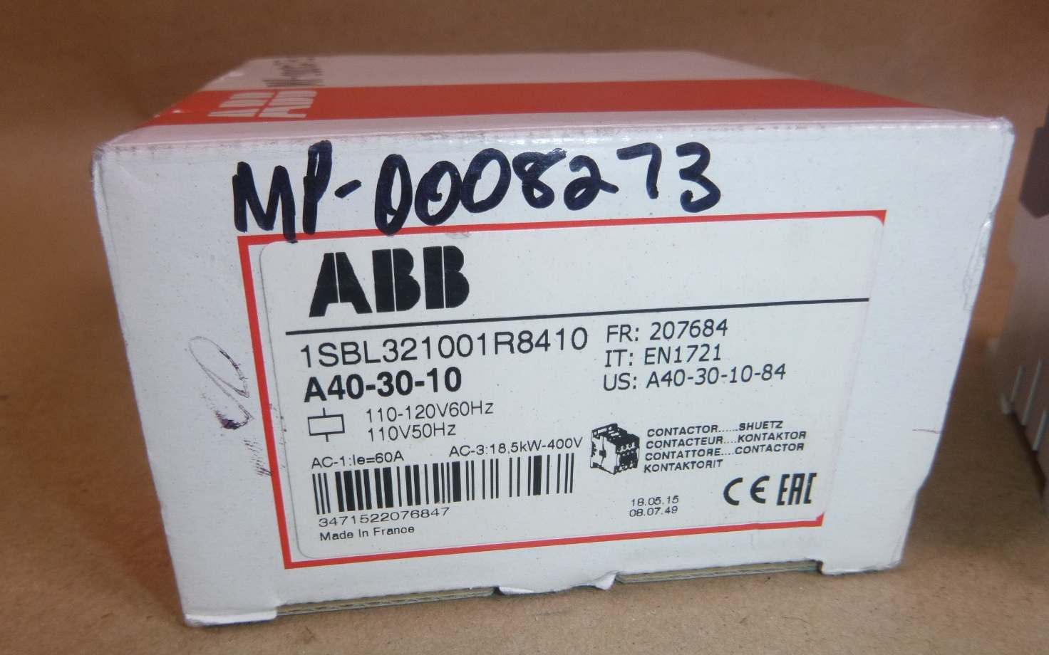 A40-30-10-84 ABB Contactor, 3 Pole, 42A, 110-120VAC@60Hz Coil, DIN Rail, NEW