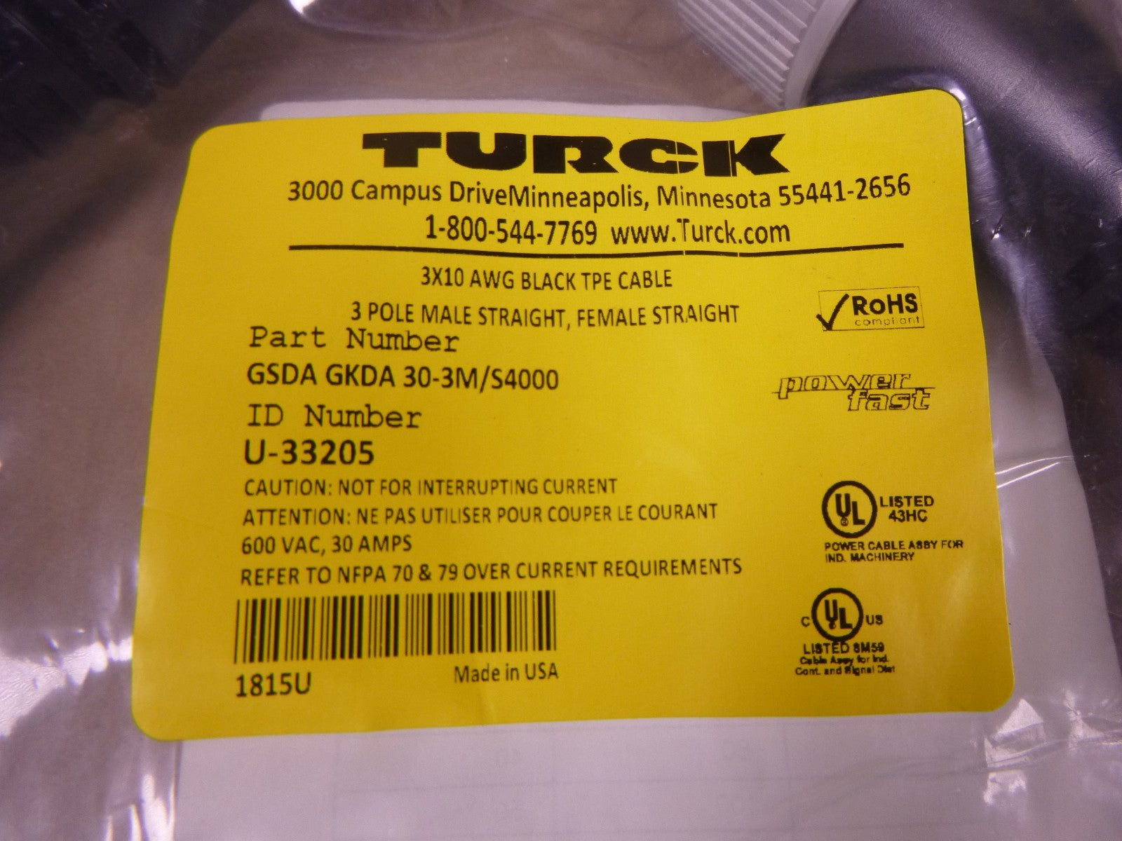 Turck GSDA GKDA 30-3M/S4000 Powerfast Cordset 600VAC 30A 3-Pin M F , U-33205 | Electrical MRO Replacement Parts & Components and Commercial Electrical Supplies Company