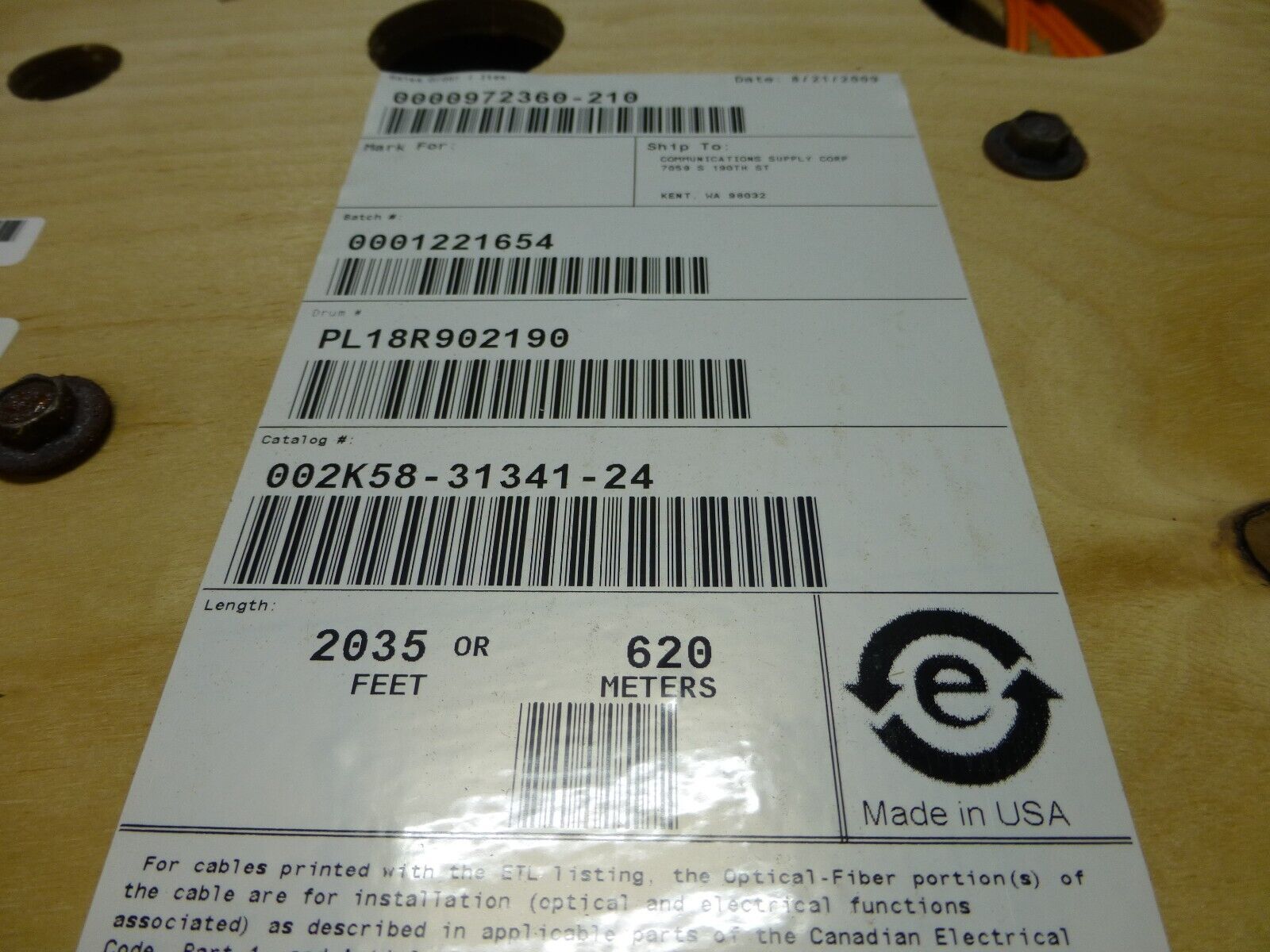 Corning 002K58-31341-24 Zipcord 62.5/125 Two Fiber Plenum Cable Orange , 2035FT | Electrical MRO Replacement Parts & Components and Commercial Electrical Supplies Company