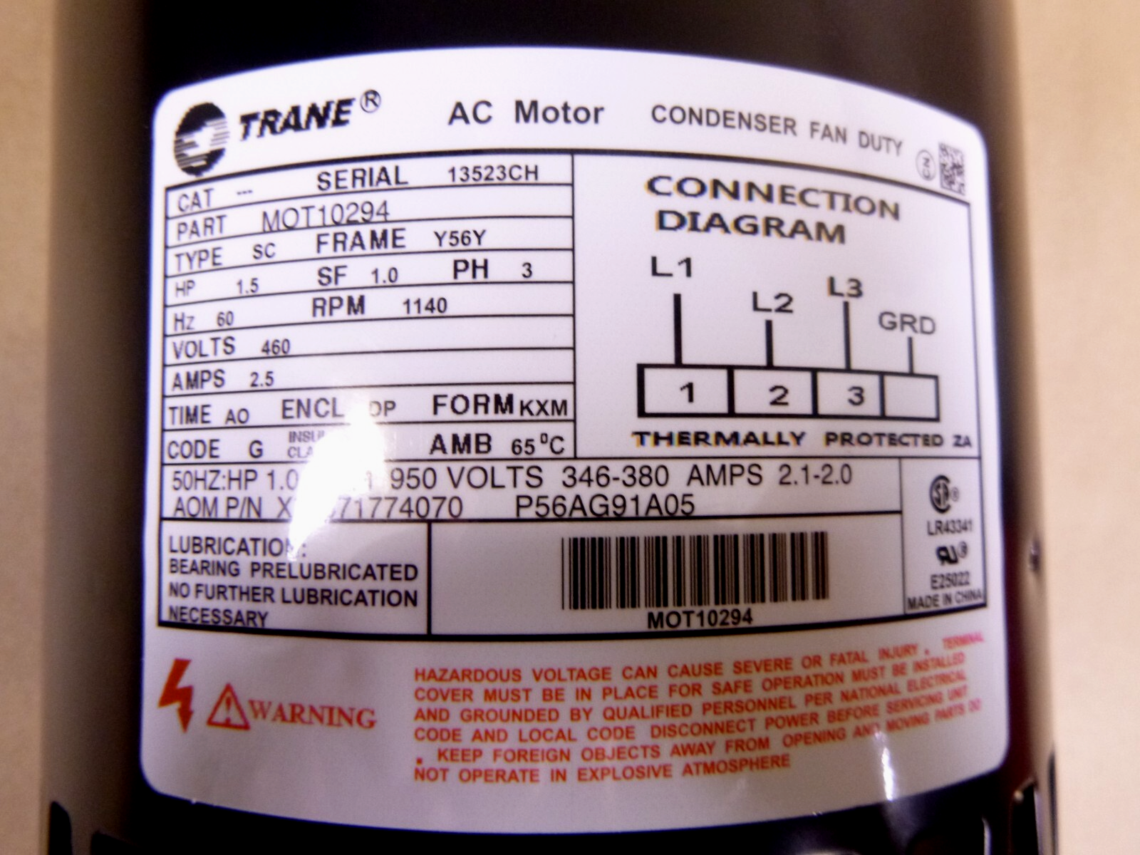MOT10294 Trane Condenser Fan Motor 460V 3 Phase Motor - 1.5HP, 1140RPM, 56Frame | Industrial Electric Motors, Pumps & Parts