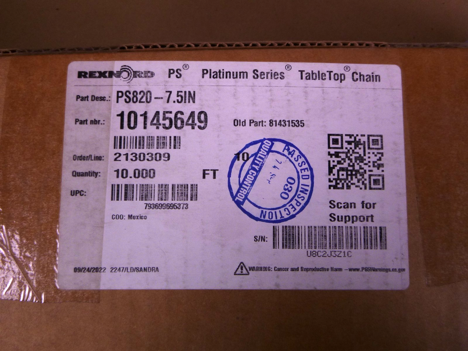 PS820-7.5IN Rexnord 7-1/2" Wide Flat Table Top Chain (10 Ft.) 10145649, 81431535 | Industrial MRO Replacement Parts, Manufacturing Machine Parts & Components, Heavy Equipment Parts Supplier
