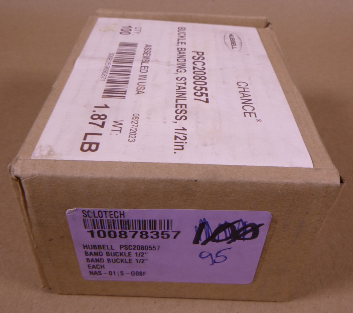 PSC2080557 Hubbell Chance Stainless 1/2" Banding Buckle USA (95 Pieces) | Industrial MRO Replacement Parts, Manufacturing Machine Parts & Components, Heavy Equipment Parts Supplier