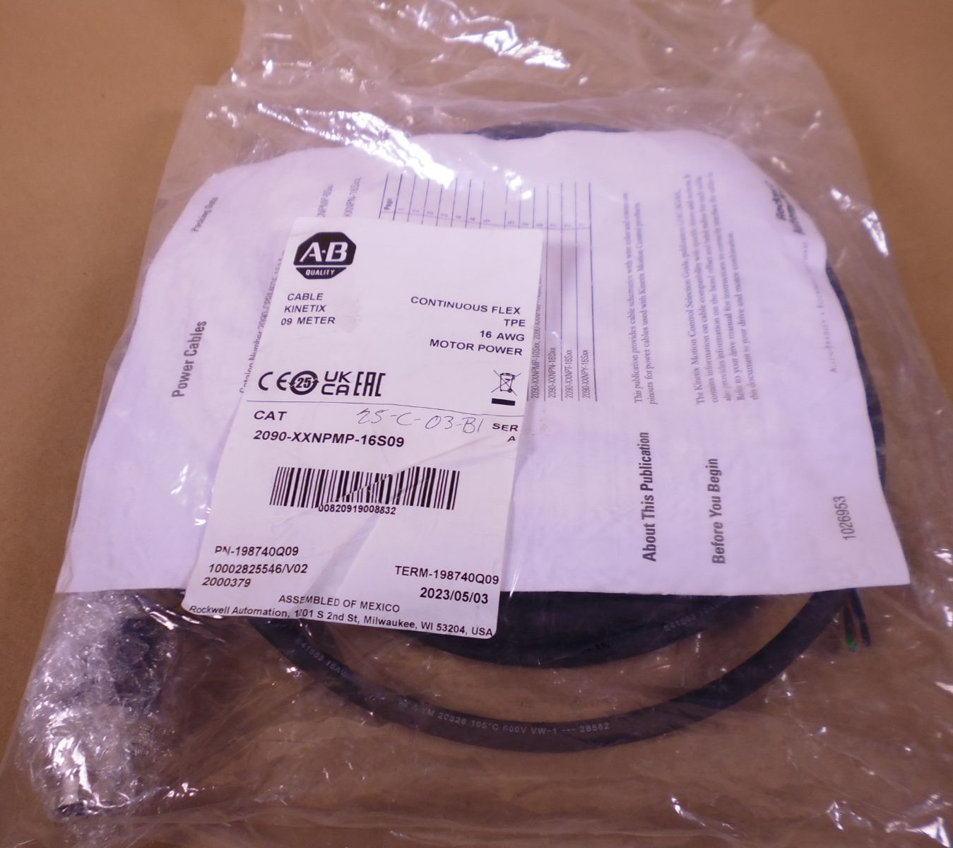 Allen-Bradley 2090-XXNPMP-16S09 Motor Power Cable Kinetix 9m 198740Q09 SER A | Electrical MRO Replacement Parts & Components and Commercial Electrical Supplies Company