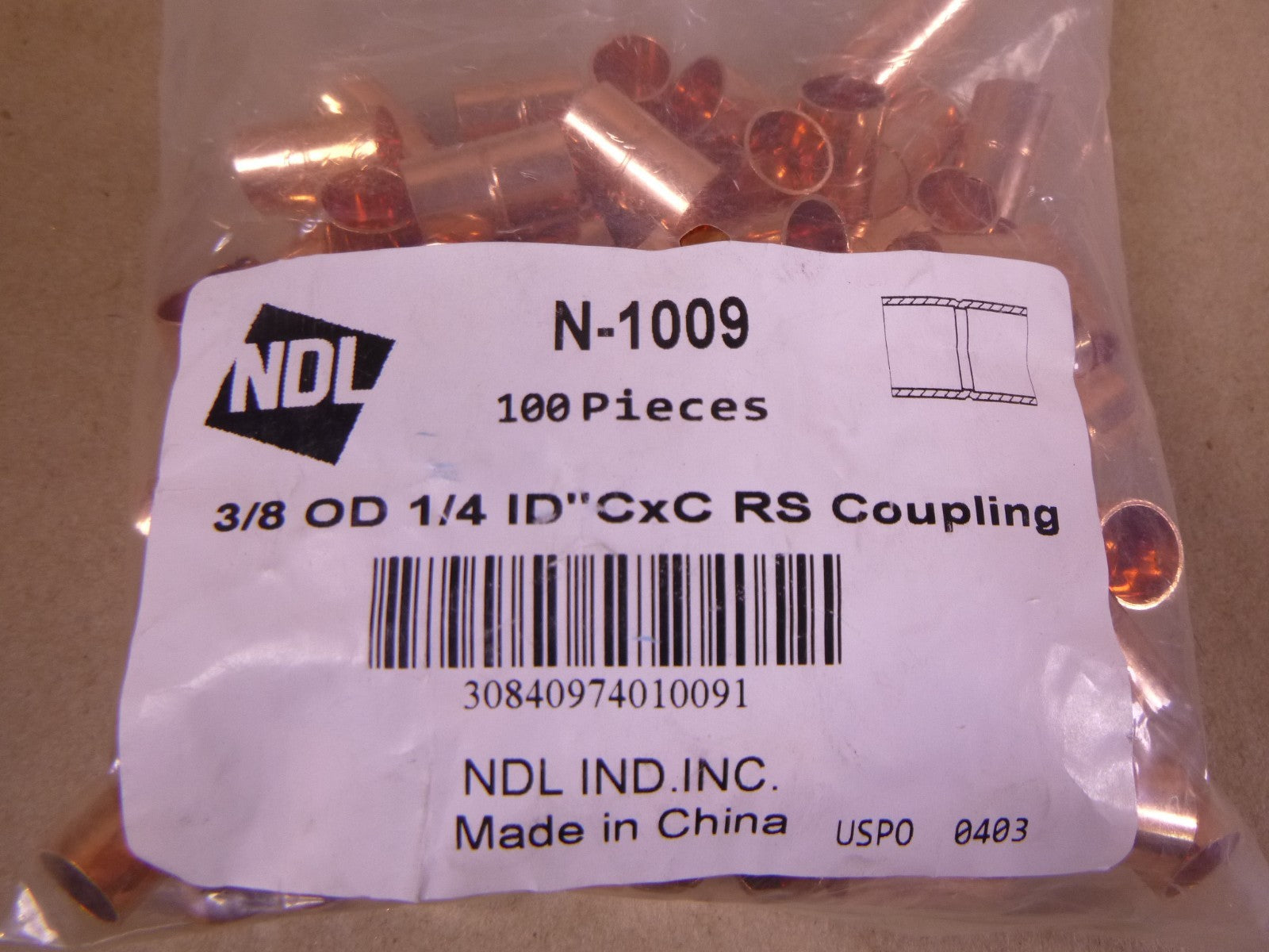 (100 PCS) NDL N-1009 3/8" OD X 1/4" ID CxC Rolled Stop Tube Wrot Copper Coupling