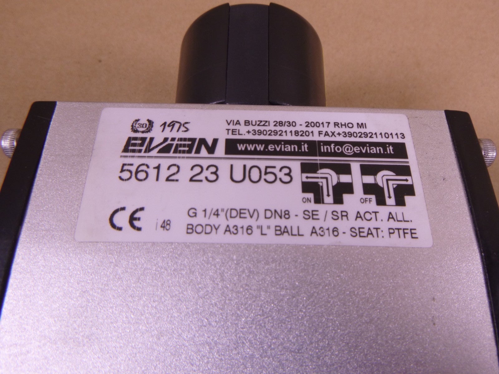 Evian 5612 3-Way "L" Stainless Steel Valve A316 1/4" (DEV) DN8 SE/SR | Industrial MRO Replacement Parts, Manufacturing Machine Parts & Components, Heavy Equipment Parts Supplier