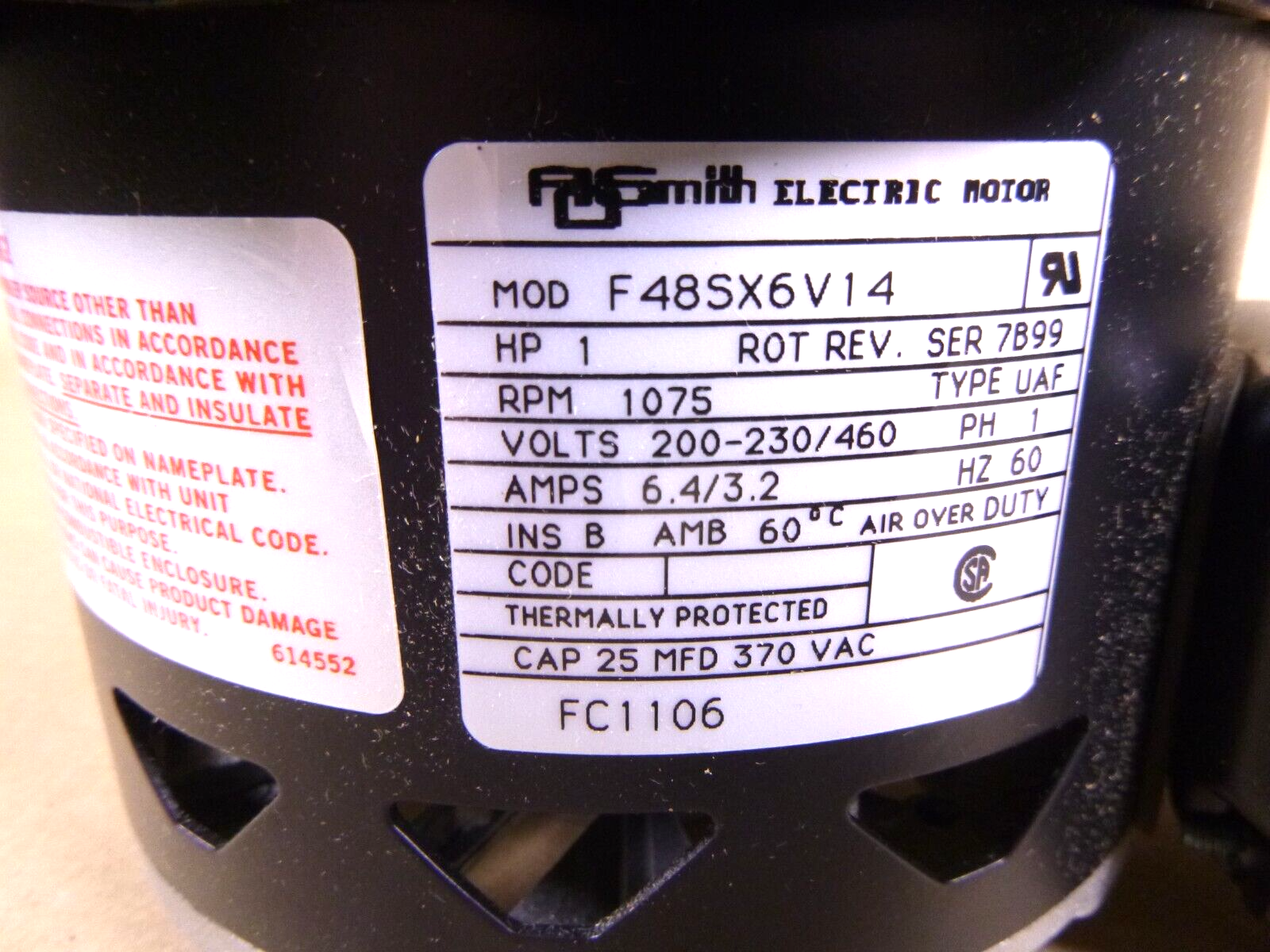 A.O. Smith FC1106 1 HP Single Phase Condenser Fan Motor 200-230/460 V, F48SX6V14 | Industrial Electric Motors, Pumps & Parts