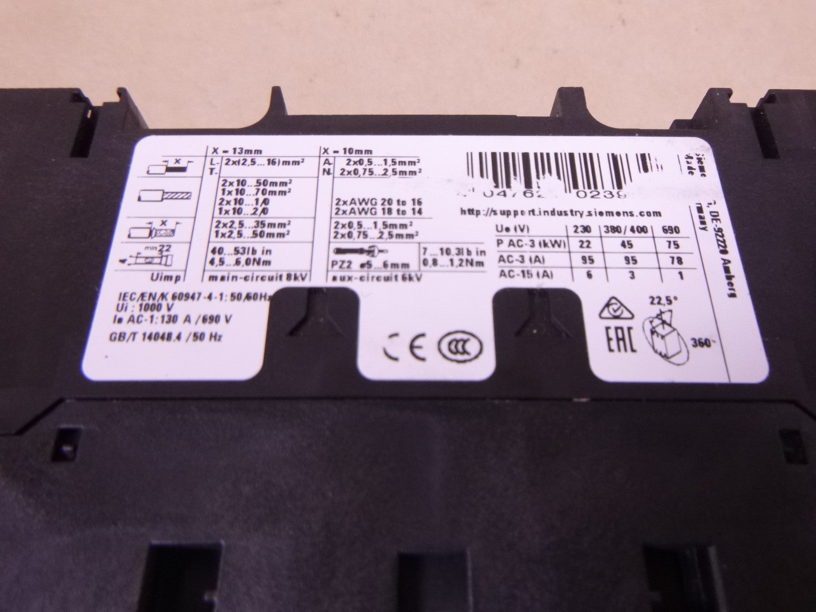 Siemens 3RT2046-1AK60 Contactor 95 Amp 400V 45kW 1NO 1NC , 110/120V 50/60Hz