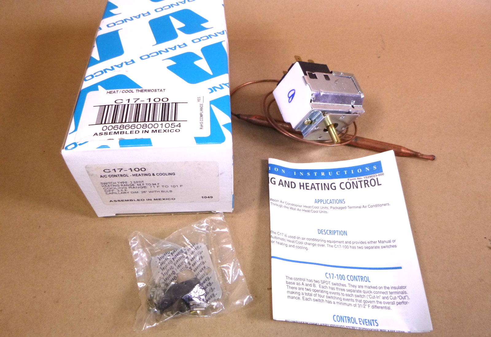 New Ranco C17-100 64-94F / 71F-101F 2 SPDT 26" Capillary Heat / Cool Thermostat