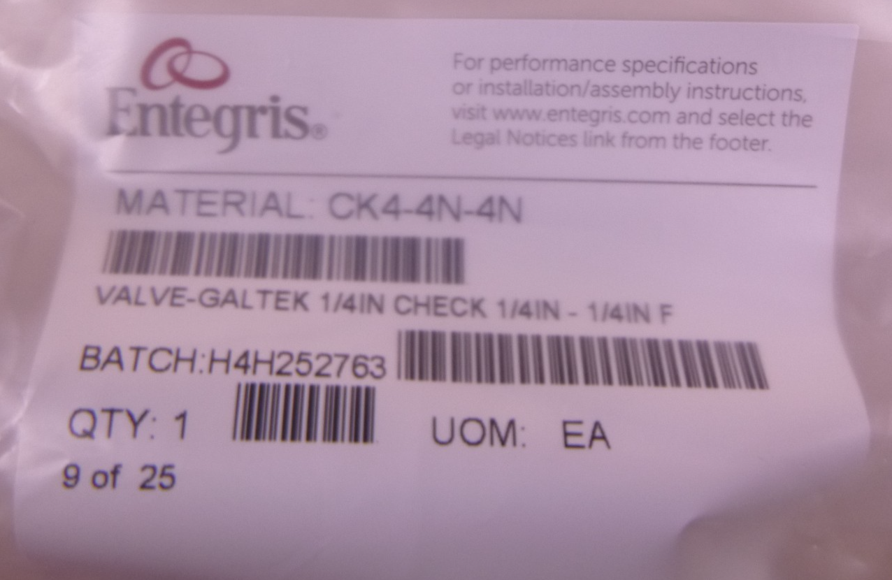 Entegris CK4-4N-4N Galtek Check Valve, 1/4" x 1/4" FNPT , 2.39" Long