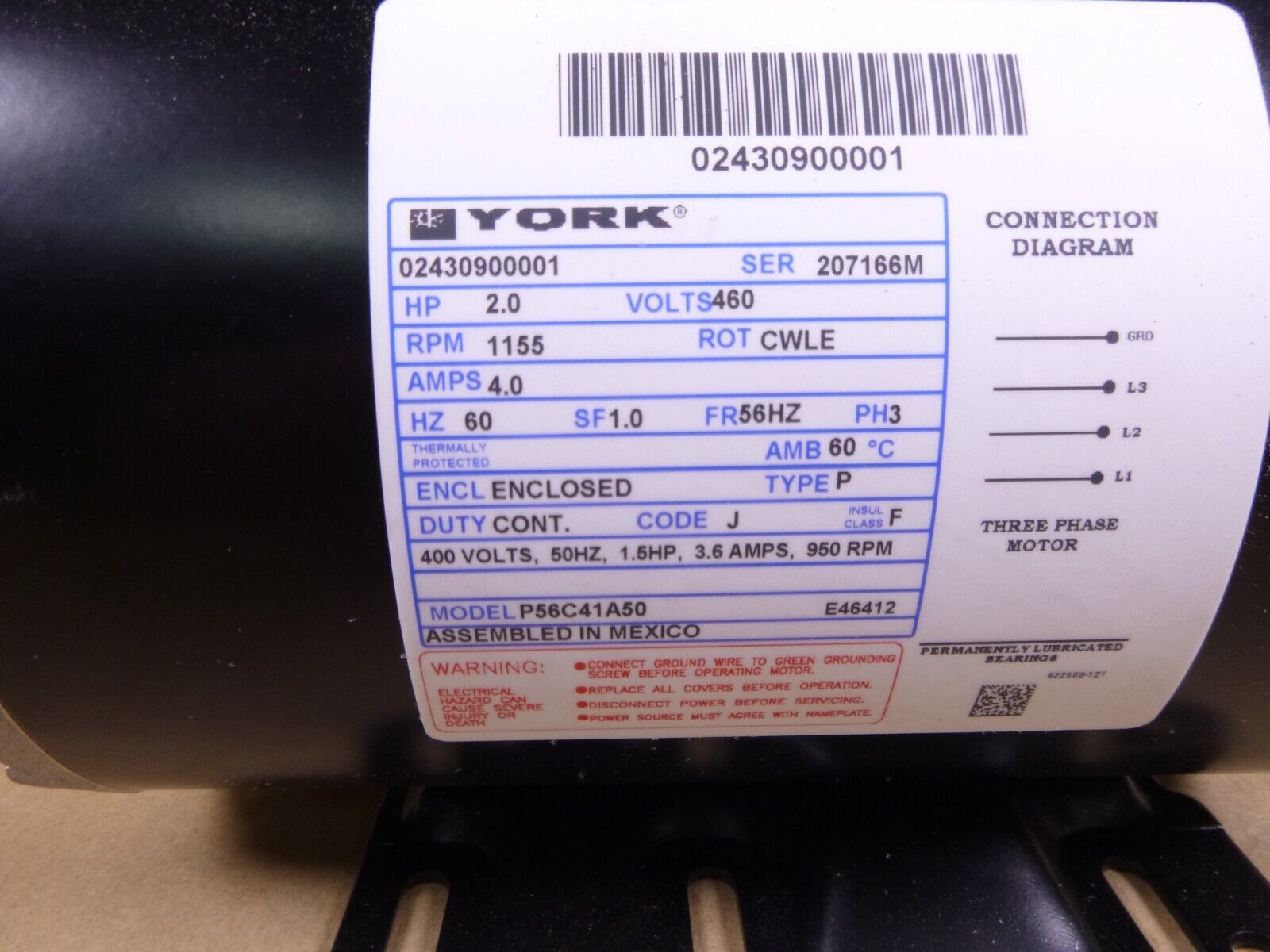 York Chiller 02430900001 Fan Motor 2 Hp. 1155 Rpm 460 Volt 3 Phase 56HZ Frame | Industrial Electric Motors, Pumps & Parts