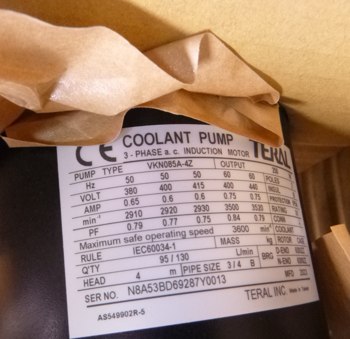 VKN085A-4Z Teral 250W 2P Coolant Pump 380-400-415V/400-440V 50/60Hz | Industrial Electric Motors, Pumps & Parts