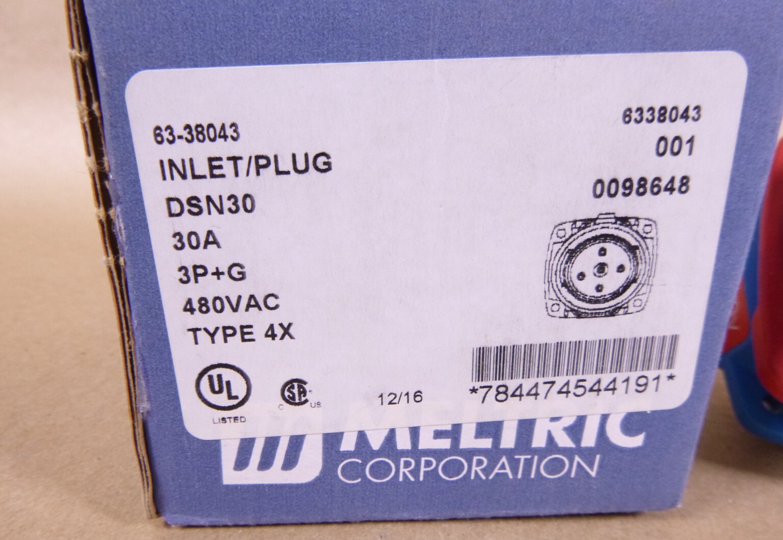Meltric 63-38043 Inlet Connector, 30A, 480VAC, 15 HP, 3 Pole, No Aux, Blue, IP69 | Electrical MRO Replacement Parts & Components and Commercial Electrical Supplies Company