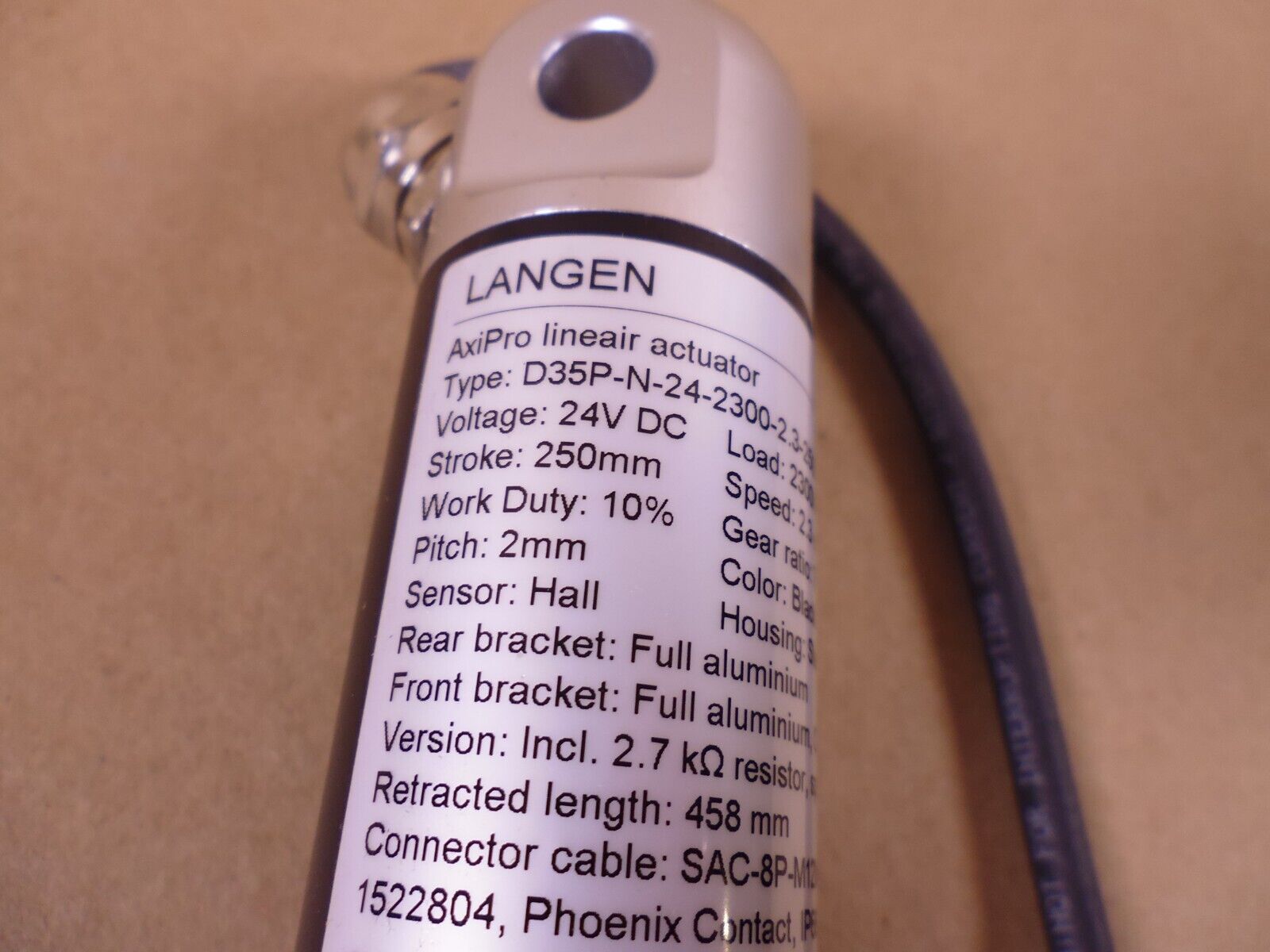 Langen 00275185 AxiPro Linear Actuator D35 250mm 24VDC 2300N 7:1 2.3mm/s | Industrial MRO Replacement Parts, Manufacturing Machine Parts & Components, Heavy Equipment Parts Supplier