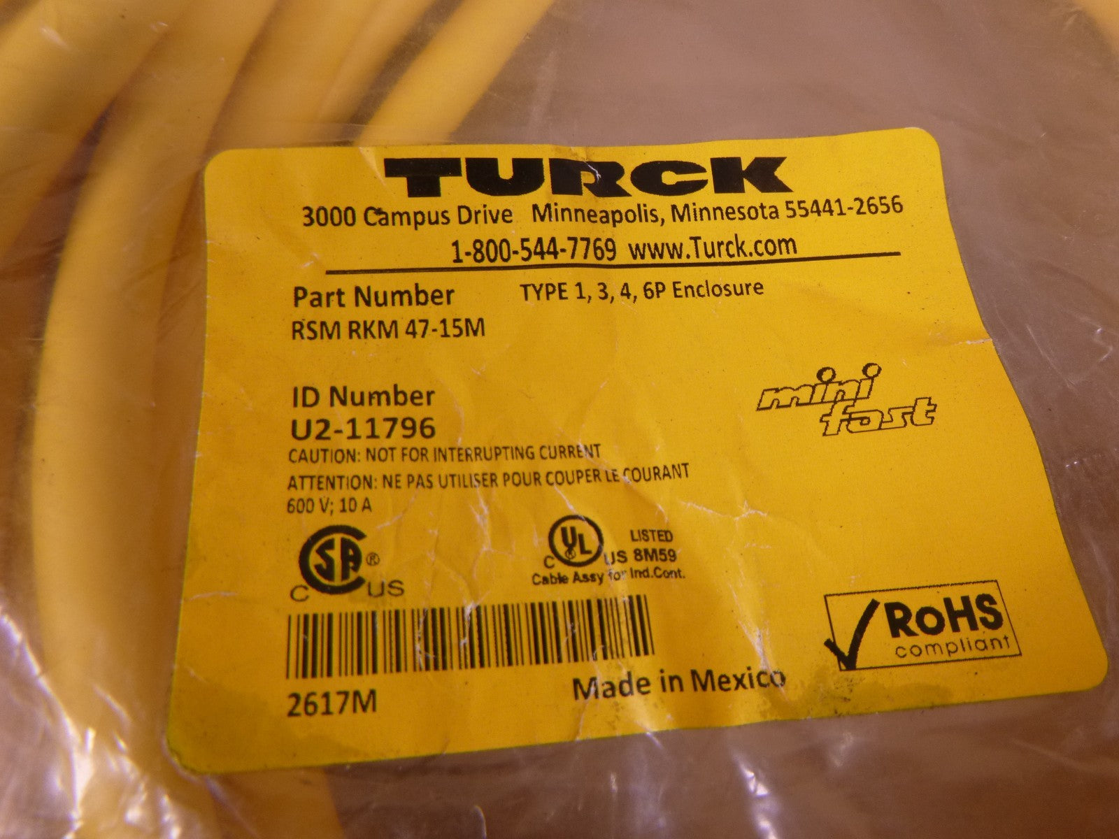 TURCK RSM RKM 47-15M, MINIFAST DOUBLE-ENDED CORDSET 4-PIN , U2-11796 | Electrical MRO Replacement Parts & Components and Commercial Electrical Supplies Company