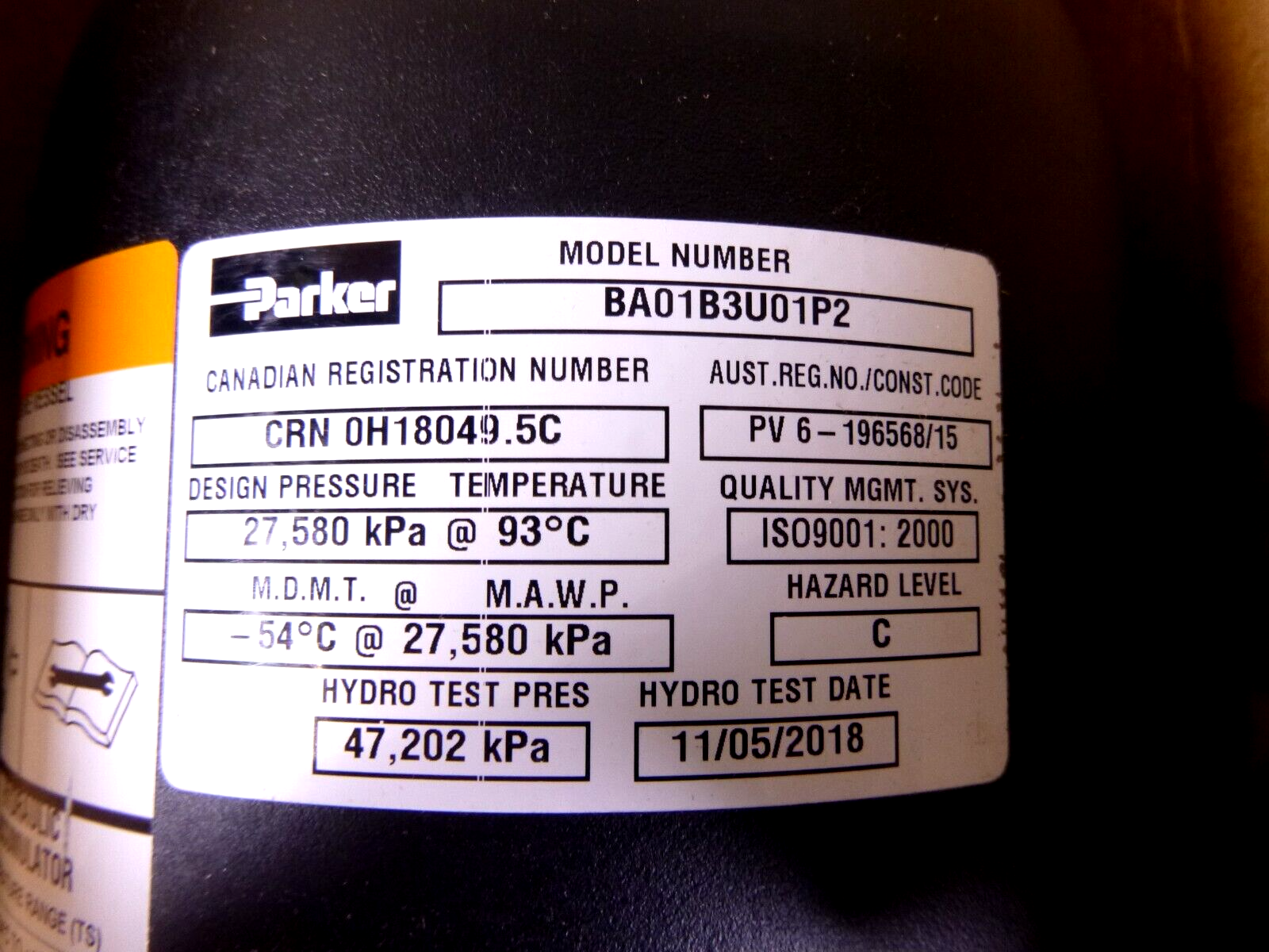 New Parker BA01B3U01P2 Hydraulic Bladder Accumulator 231 CU IN, 1-1/4" NPTF | Industrial MRO Replacement Parts, Manufacturing Machine Parts & Components, Heavy Equipment Parts Supplier