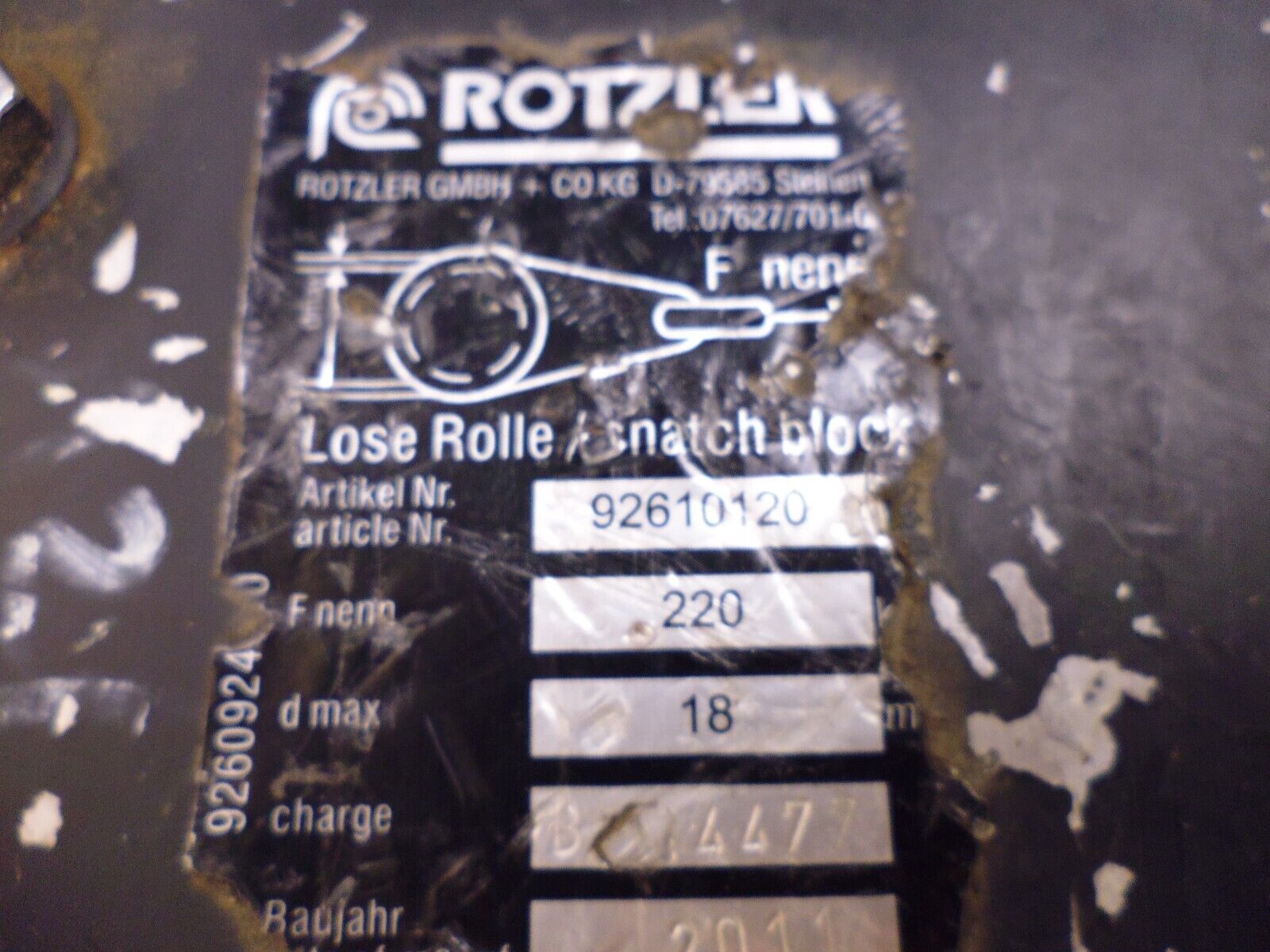 Rotzler GMBH Germany 9261012000 Snack Block , 220kN , 16-18mm Rope USED | Industrial MRO Tools and Replacement Industrial Equipment Components