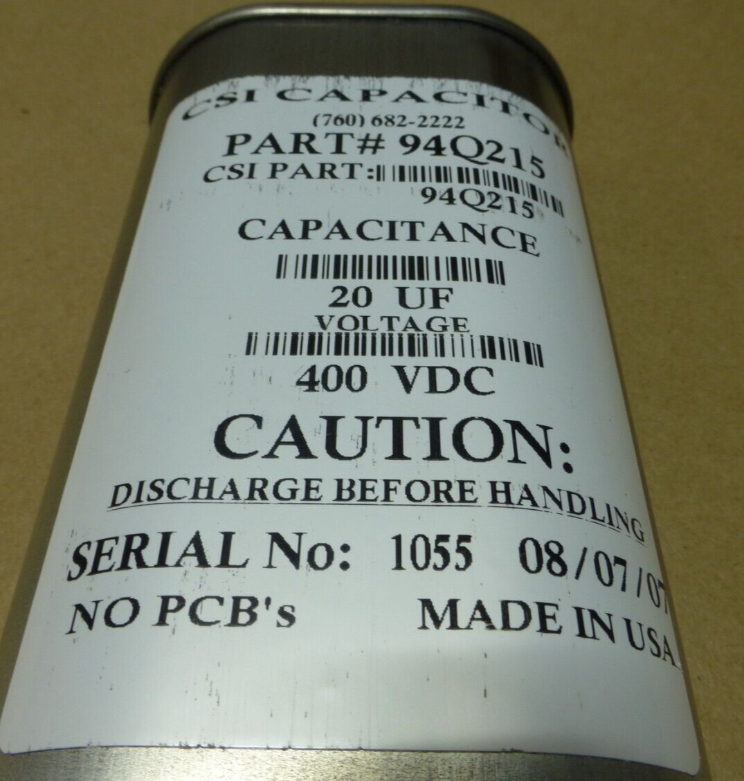 CSI Metal Case Capacitor , 400VDC 20UF, Made in USA , 94Q215 | Electrical MRO Replacement Parts & Components and Commercial Electrical Supplies Company