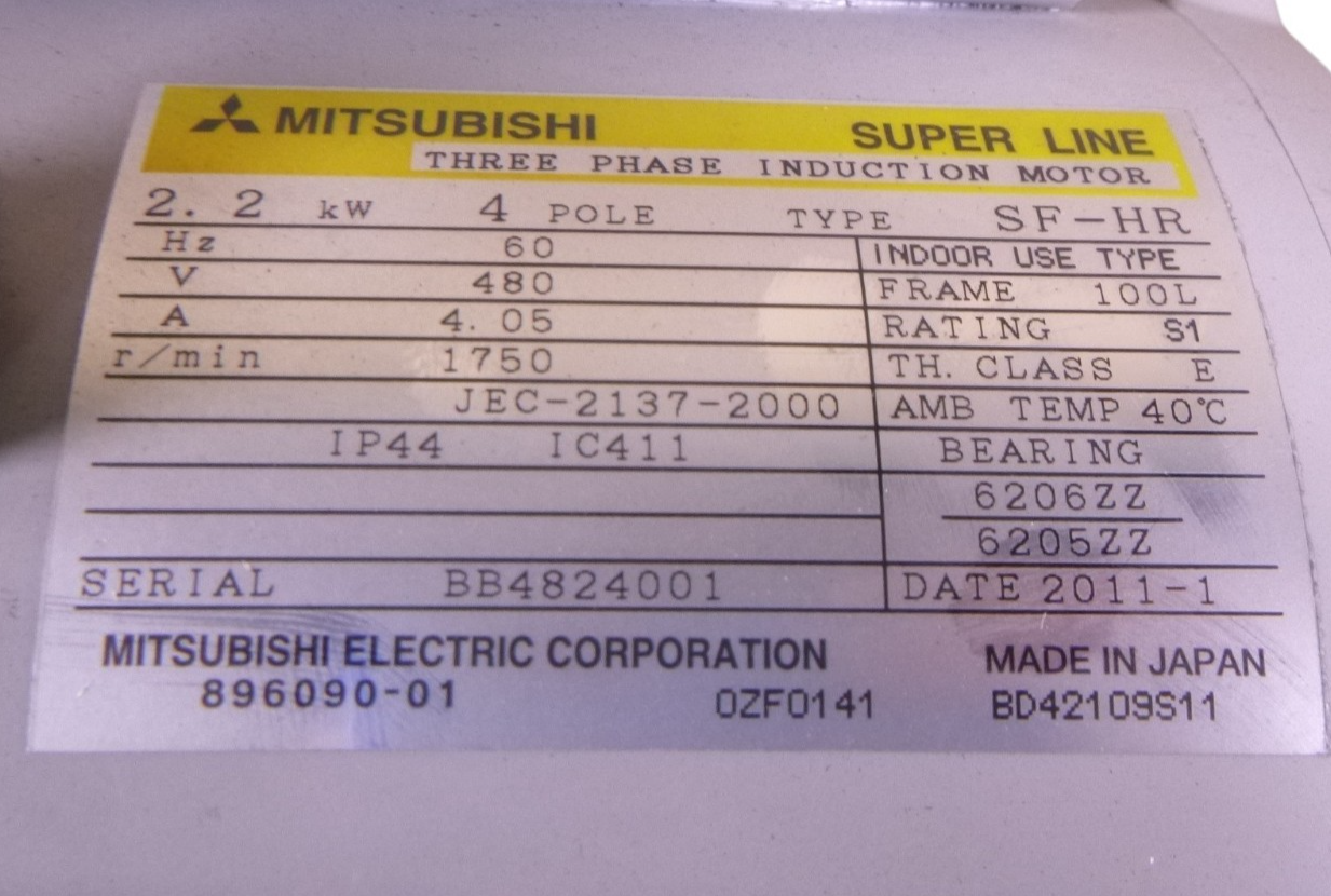 Mitsubishi SF-HR Super Line 2.2kW 3-Phase Induction Motor 4 Pole 100L 480V 60HZ | Industrial Electric Motors, Pumps & Parts