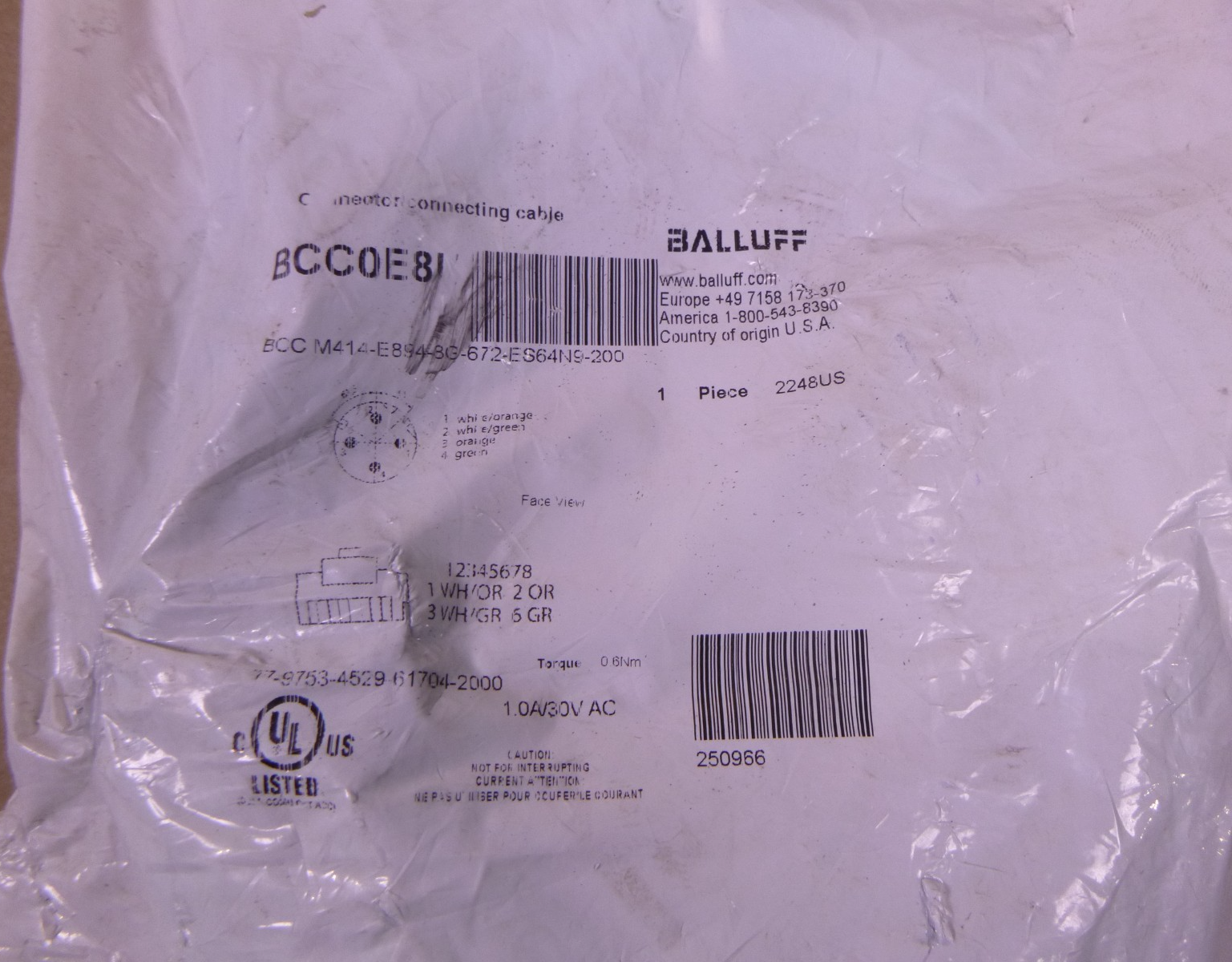 Balluff BCC0E8U BCC M414-E894-8G-672-ES64N9-200 Ethernet Cable RJ45 to M12 20M | Electrical MRO Replacement Parts & Components and Commercial Electrical Supplies Company