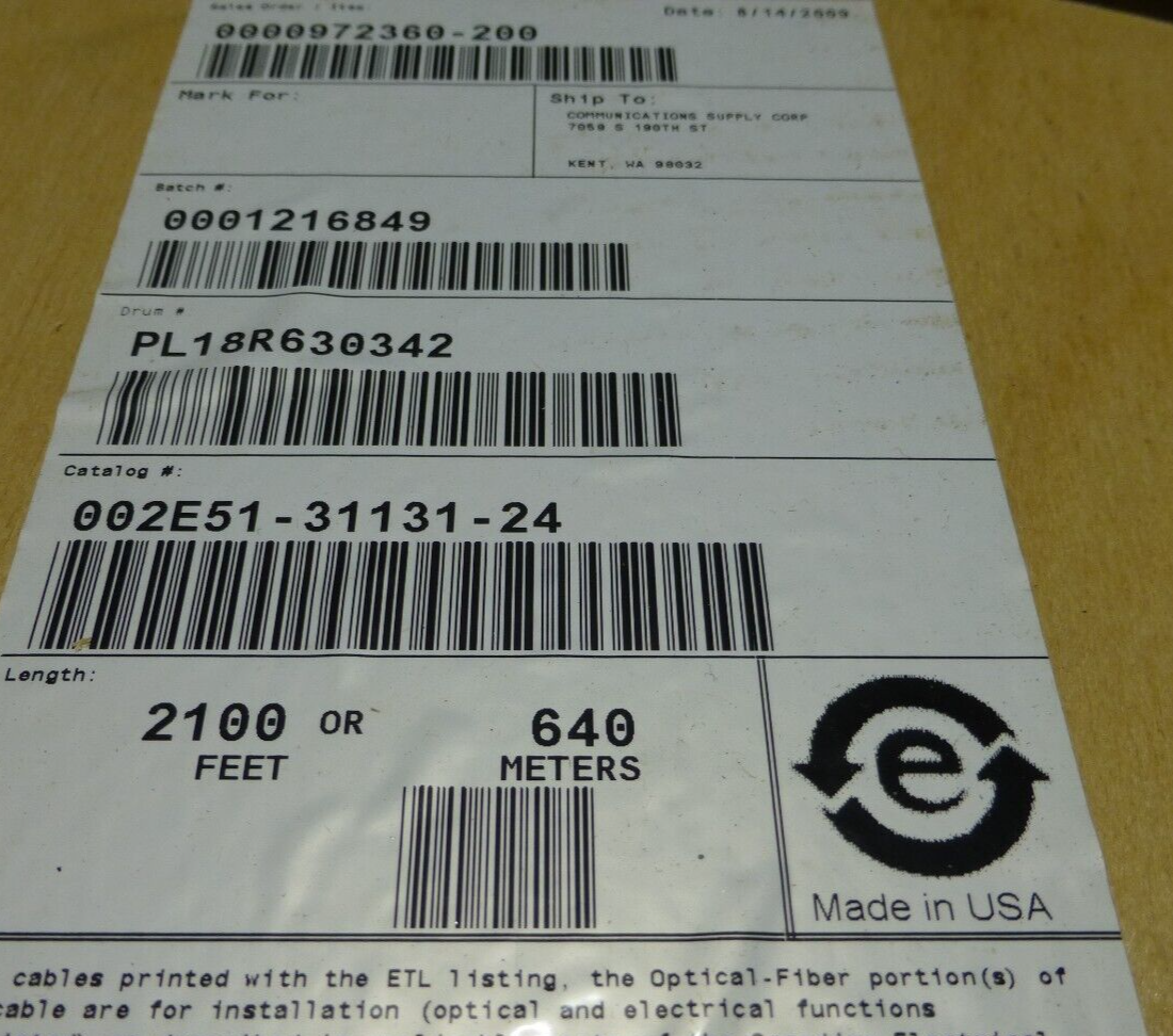 Corning 002E51-31131-24 Zipcord 2-Strand Fiber Cable , Singlemode (OS2) , 2100FT | Electrical MRO Replacement Parts & Components and Commercial Electrical Supplies Company