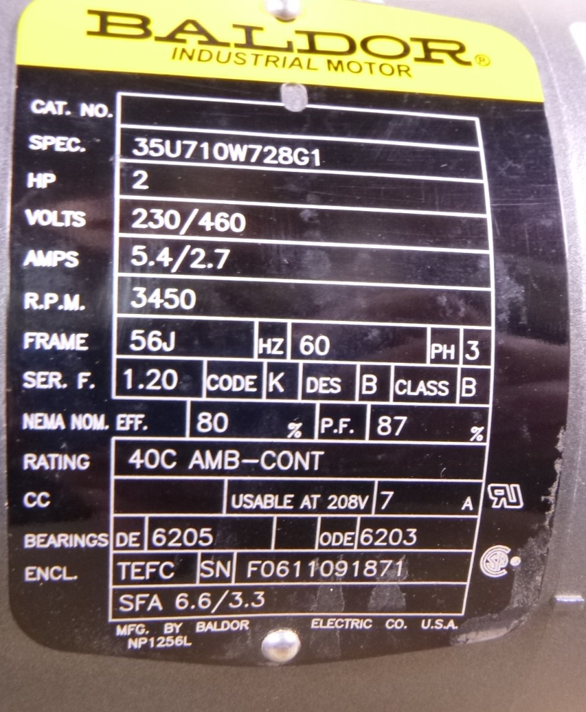 Baldor 2HP Jet Pump Motor 230/460 , 3450 RPM , 3 Phase , 56J , Equivalent JM3555