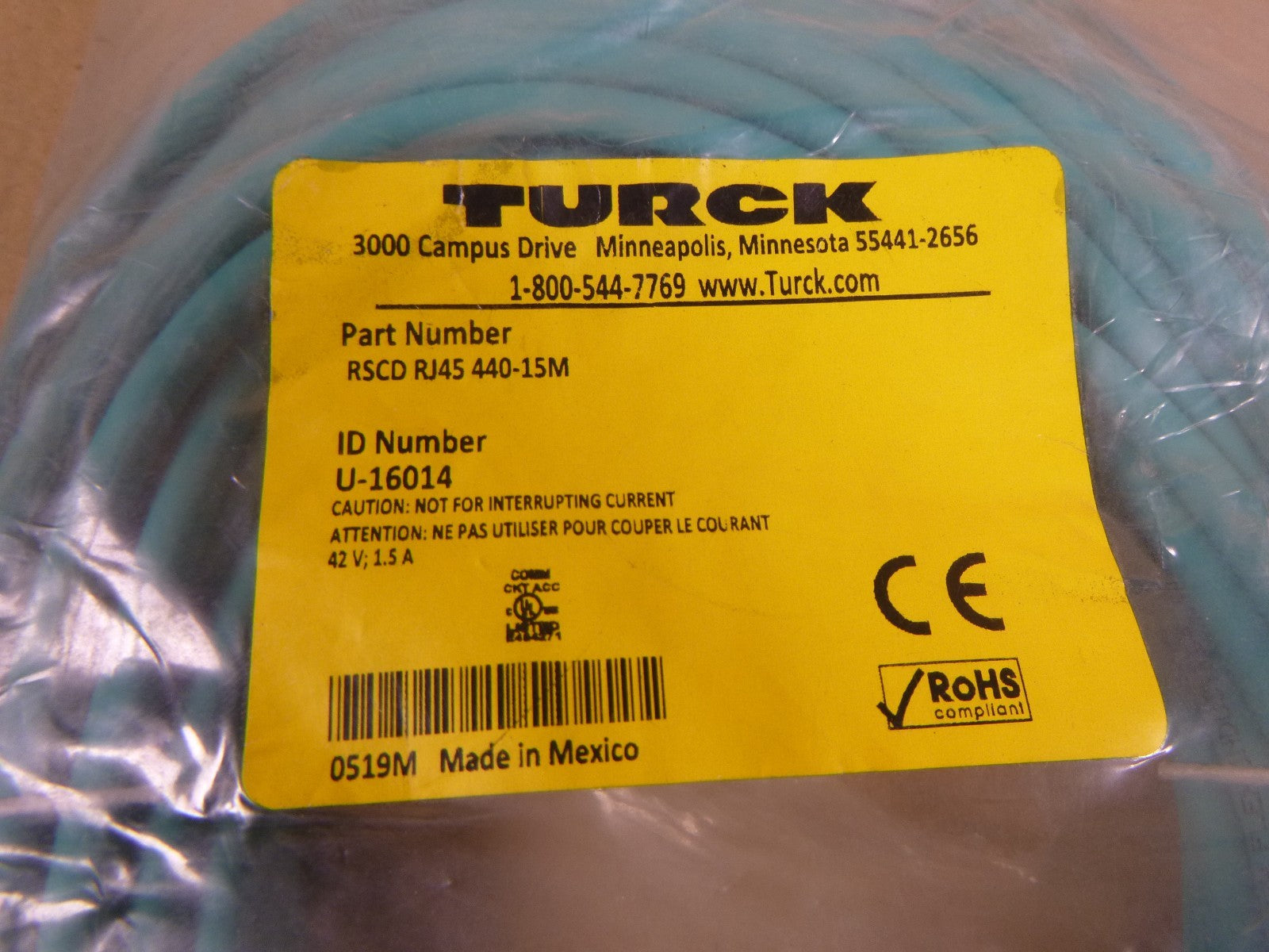 TURCK RSCD RJ45 440-15M, U-16014 Industrial Ethernet Cordset 4-Pin 42V 1.5A | Electrical MRO Replacement Parts & Components and Commercial Electrical Supplies Company