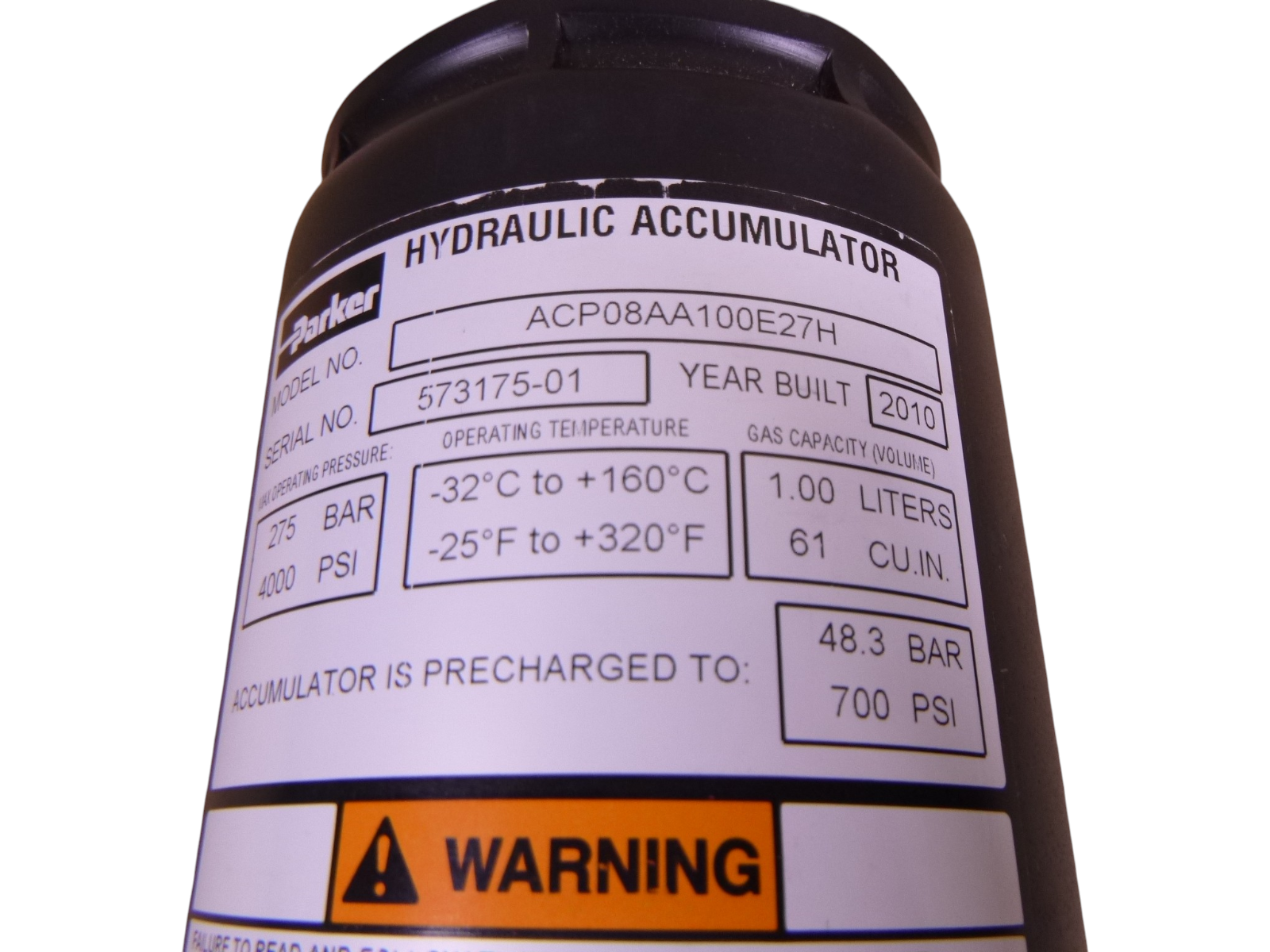 Parker ACP08AA100E27H Hydraulic Accumulator 275Bar/4000PSI, 1.00 Liters/61 CU IN