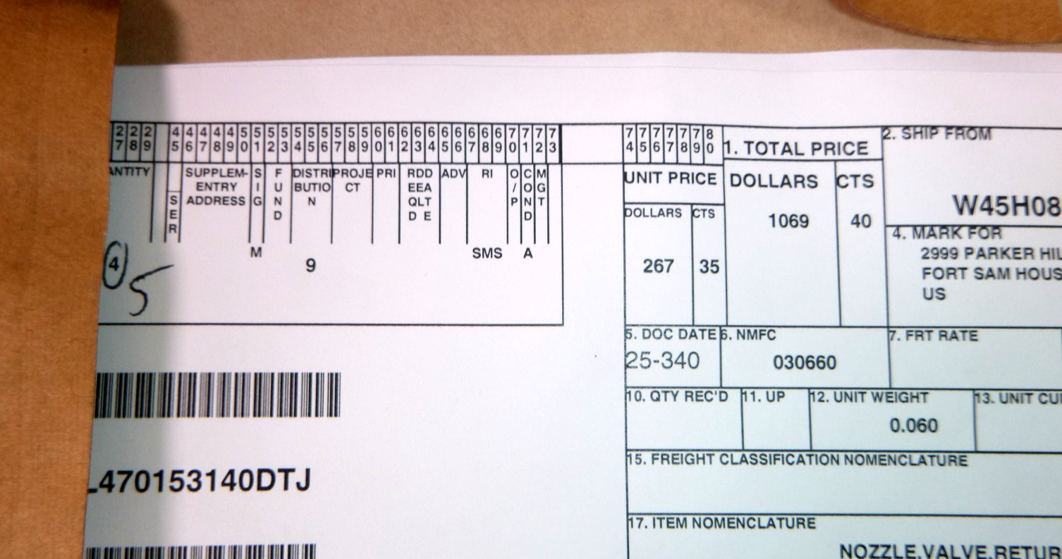USGI Return Nozzle Valve 204-040-823-3, 2910-00-837-1786 (Lot of 5 Pcs)