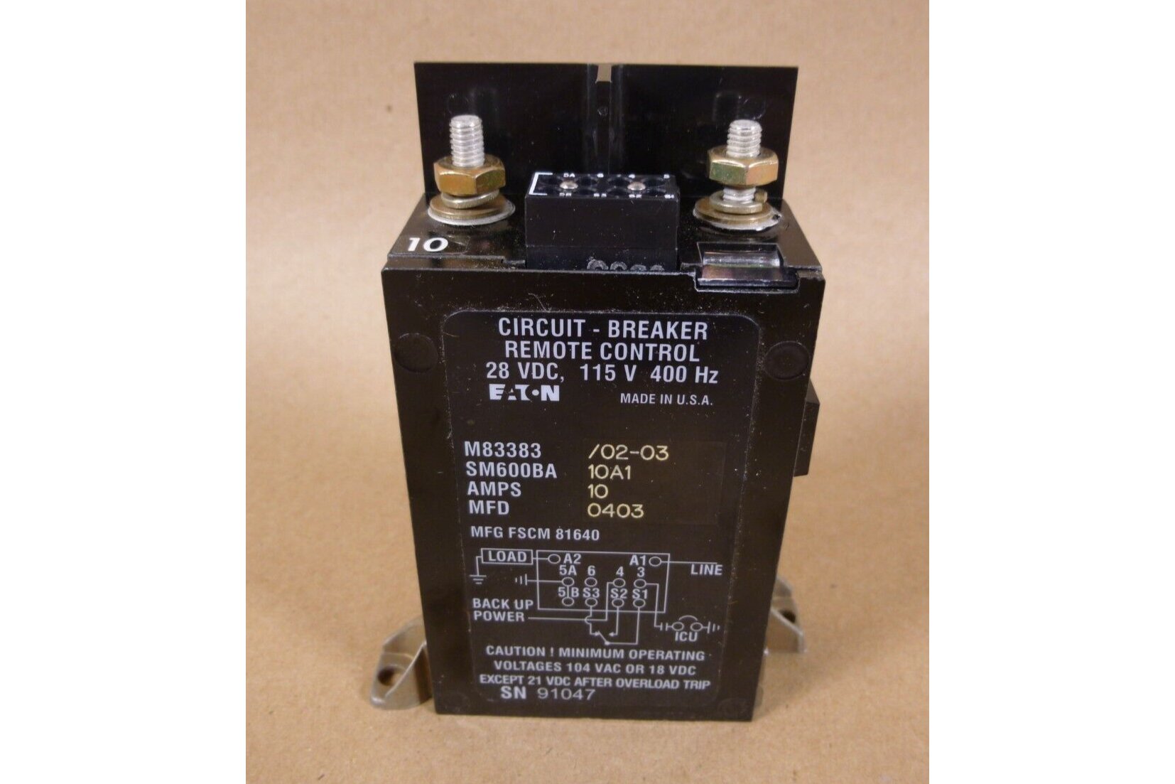 Eaton M83383/02-03 Remote Control Circuit Breaker 10A 28VDC 400Hz SM600BA10A1 | Electrical MRO Replacement Parts & Components and Commercial Electrical Supplies Company