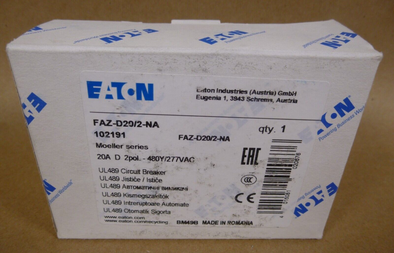 EATON MOELLER FAZ-D20/2-NA Circuit Breaker 2 Pole 20 AMP 480Y/277VAC , 102191 | Electrical MRO Replacement Parts & Components and Commercial Electrical Supplies Company