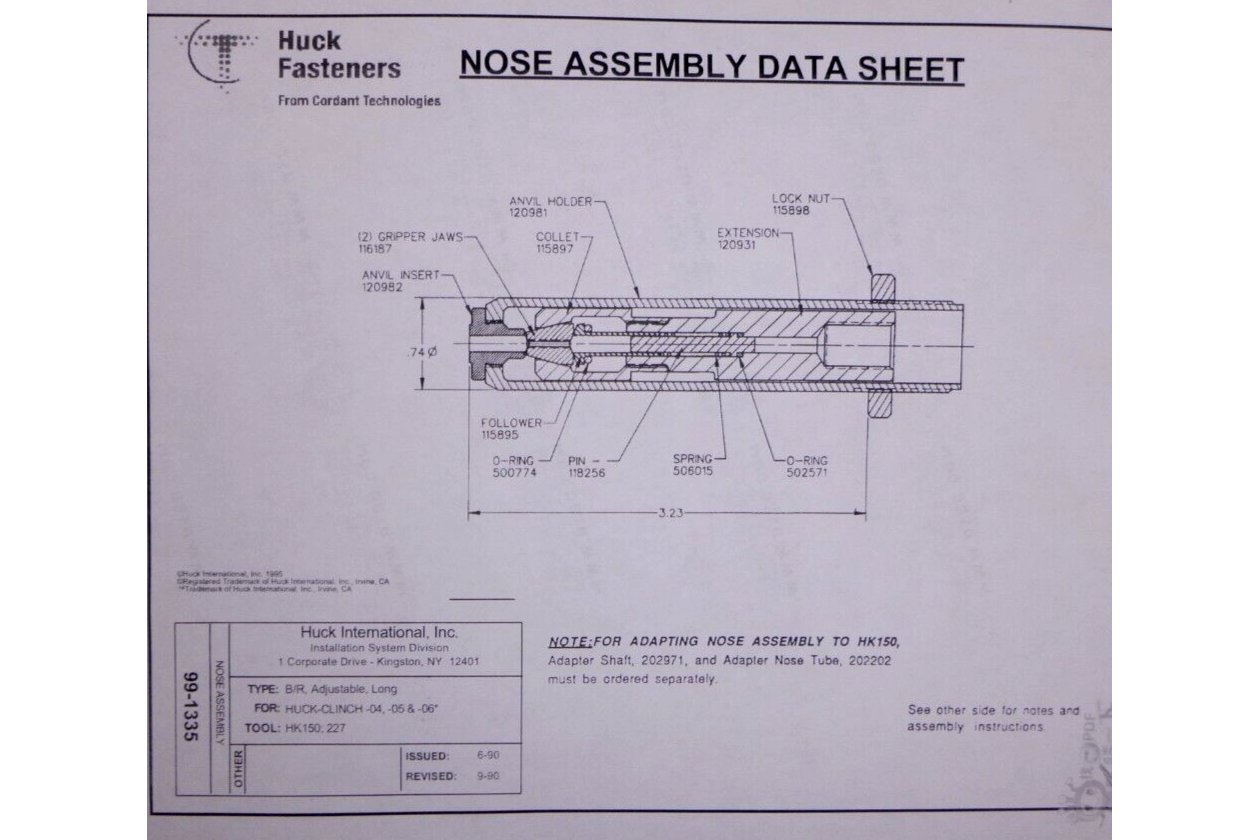 Huck Fasteners Riveter Long Clinch Nose Assembly 99-1335, F1074H, H749A-456 | Industrial Replacement Nuts & Bolts Distributor and Machinery Screws & Fasteners Supply